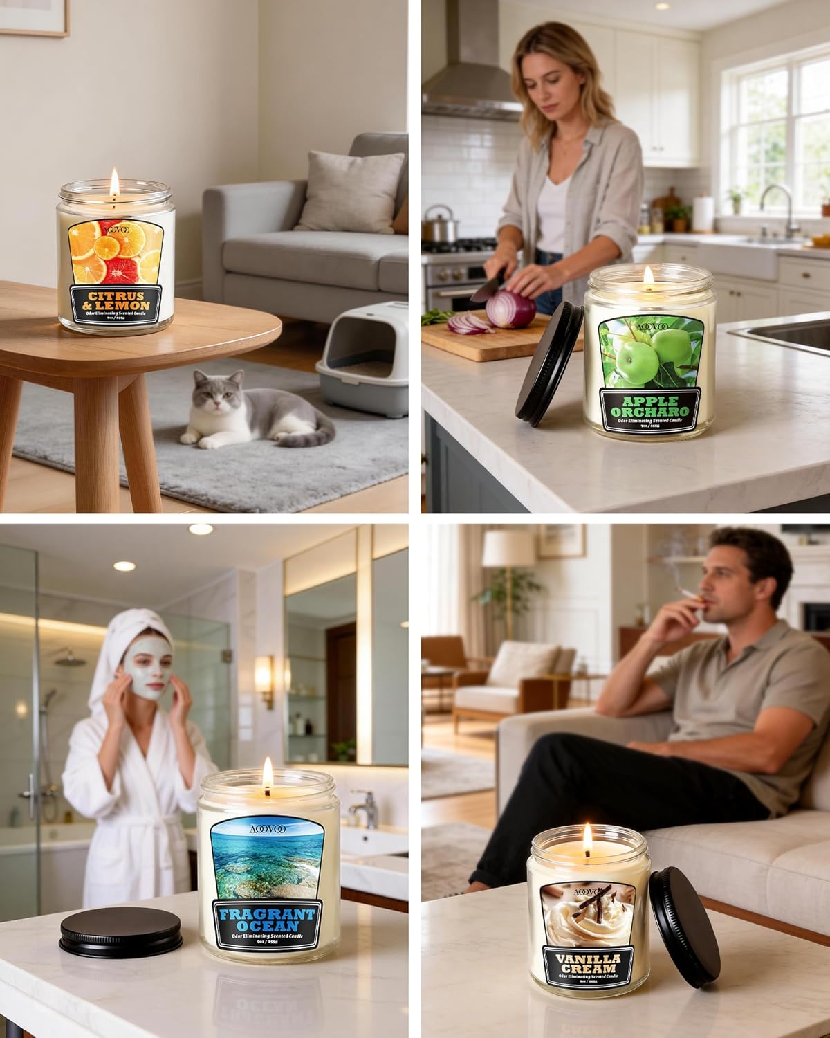 AOOVOO Vanilla Cream Odor Eliminating Candle - 9 oz Non Toxic Highly Fragranced Air Freshing Soy Candle, Eliminates 95% of Smoke, Pet, Food, and Other Smells Quickly, Up to 50 Hours Burn time