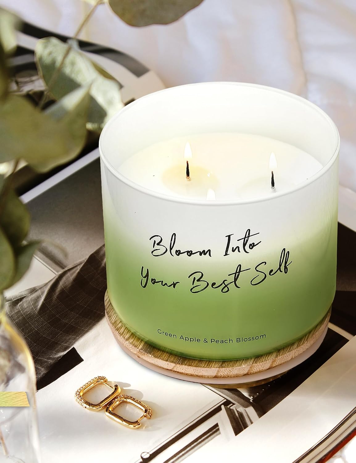 Green Apple Peach Blossom Scented Soy Candle | Large 3 Wick Candle for Home, 15.8 oz | Fresh Fruity Aromatherapy Candle | Birthday, Graduation & Self-Care Gifts for Women | Candles for Women & Men