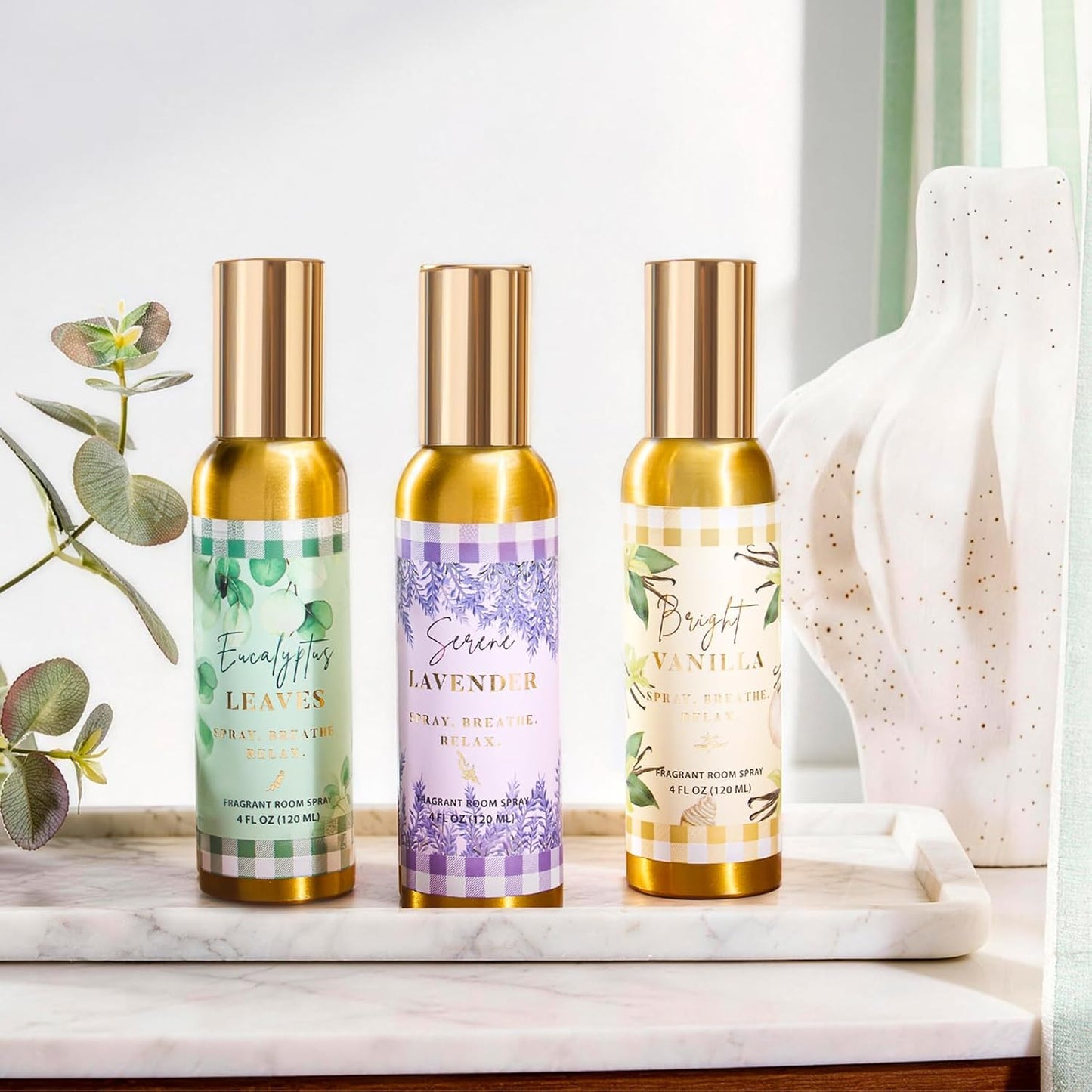 Room Spray, Bright Vanilla, Eucalyptus leaves, Serene Lavender, 3 Pack, Each 4 fl oz, Air Freshener for Home, Long-Lasting Odor Eliminator for Bathroom and Office