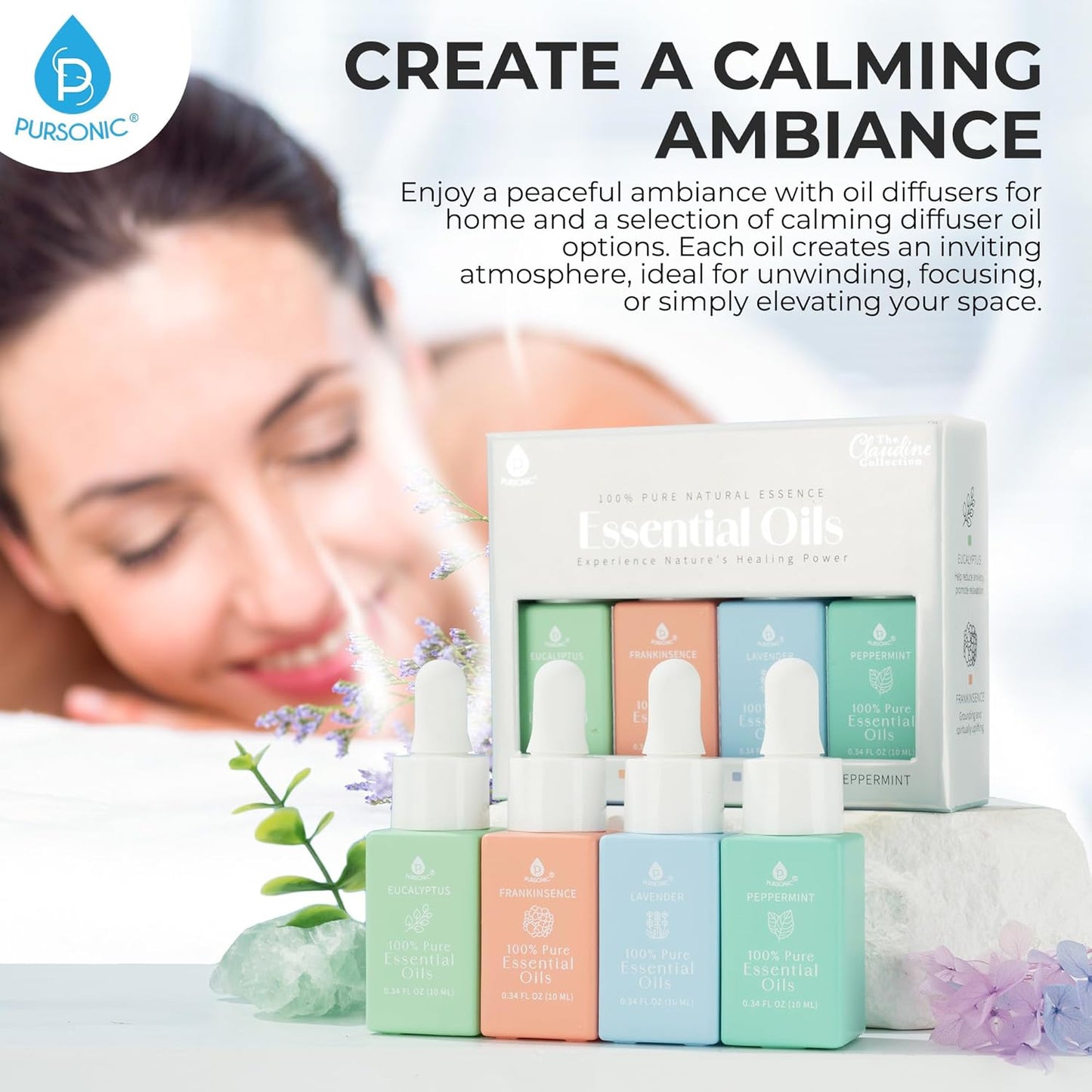 Natural Healing Power Essential Oils 100% Pure with Eucalyptus, Frankincense, Lavender, and Peppermint by Pursonic