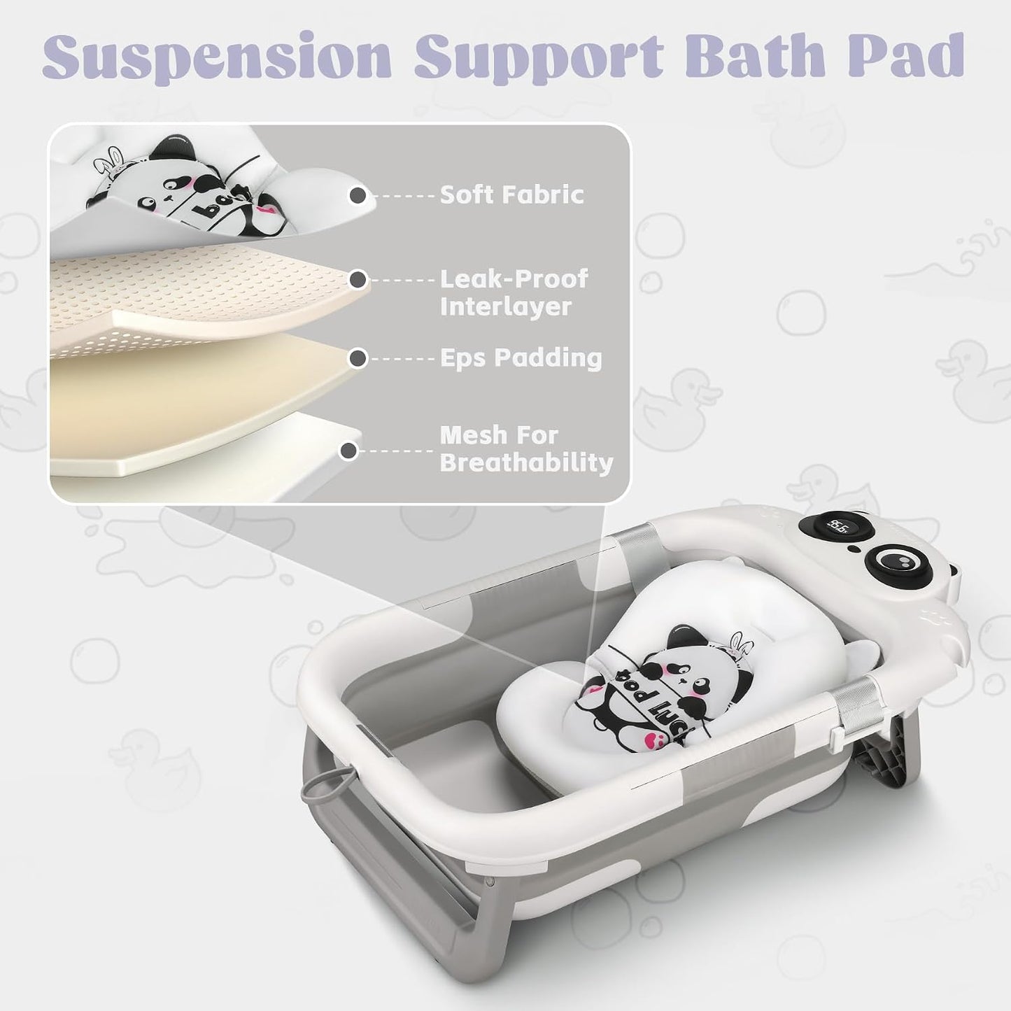 Foldable Baby Bathtub - 0-24M, Thermometer, Soft Cushion (Grey) | Folds Flat, Portable, Non-Slip Legs, For Newborn to Toddler, Space-Saving Design
