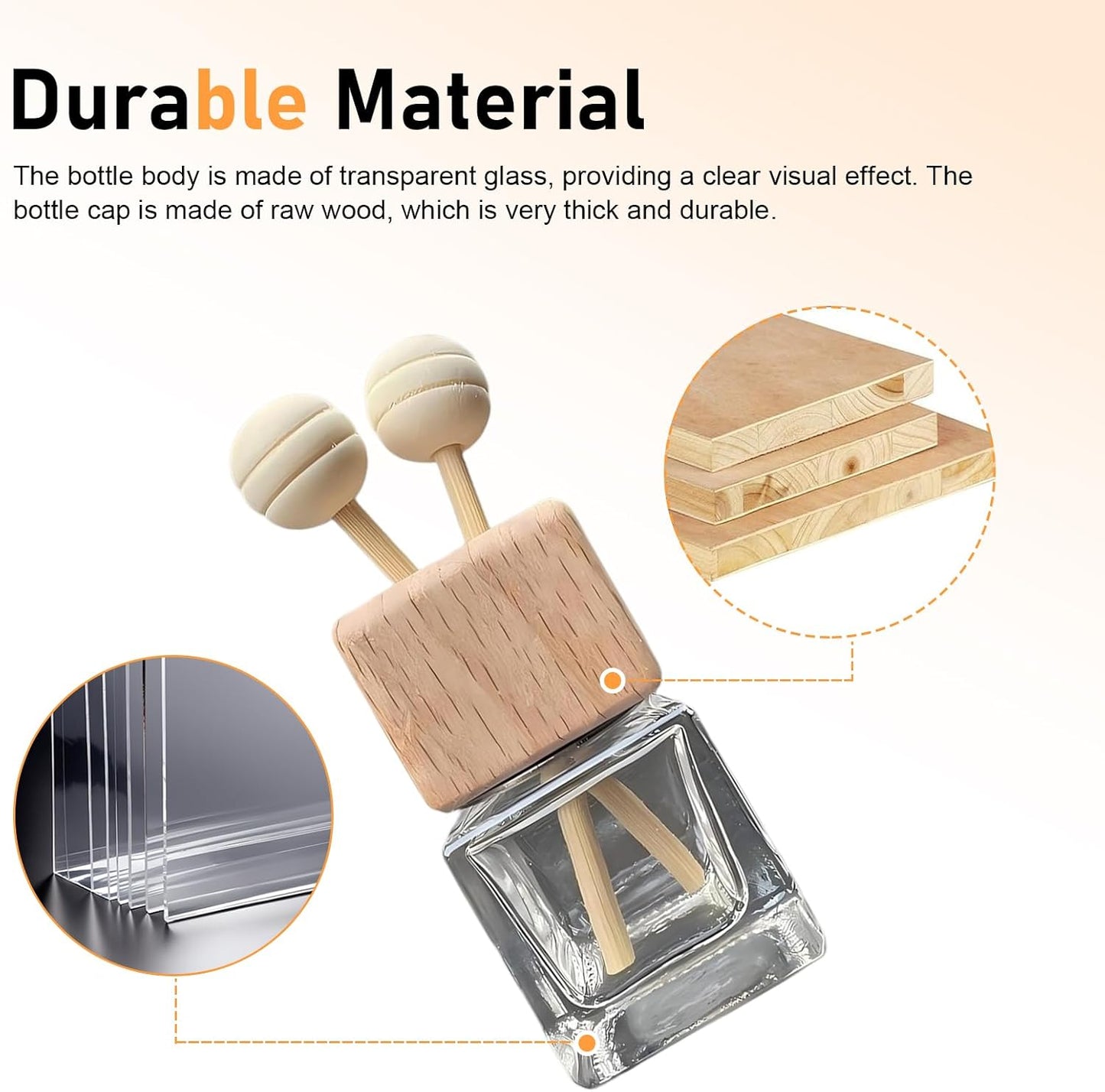 2 PCS Car Vent Diffuser Clips, Refillable Empty Glass Bottles with Natural Wood Cap & Stick, Anti-shake Decorative Air Outlet Holder, Interior Accessory for Most Cars (Transparent)