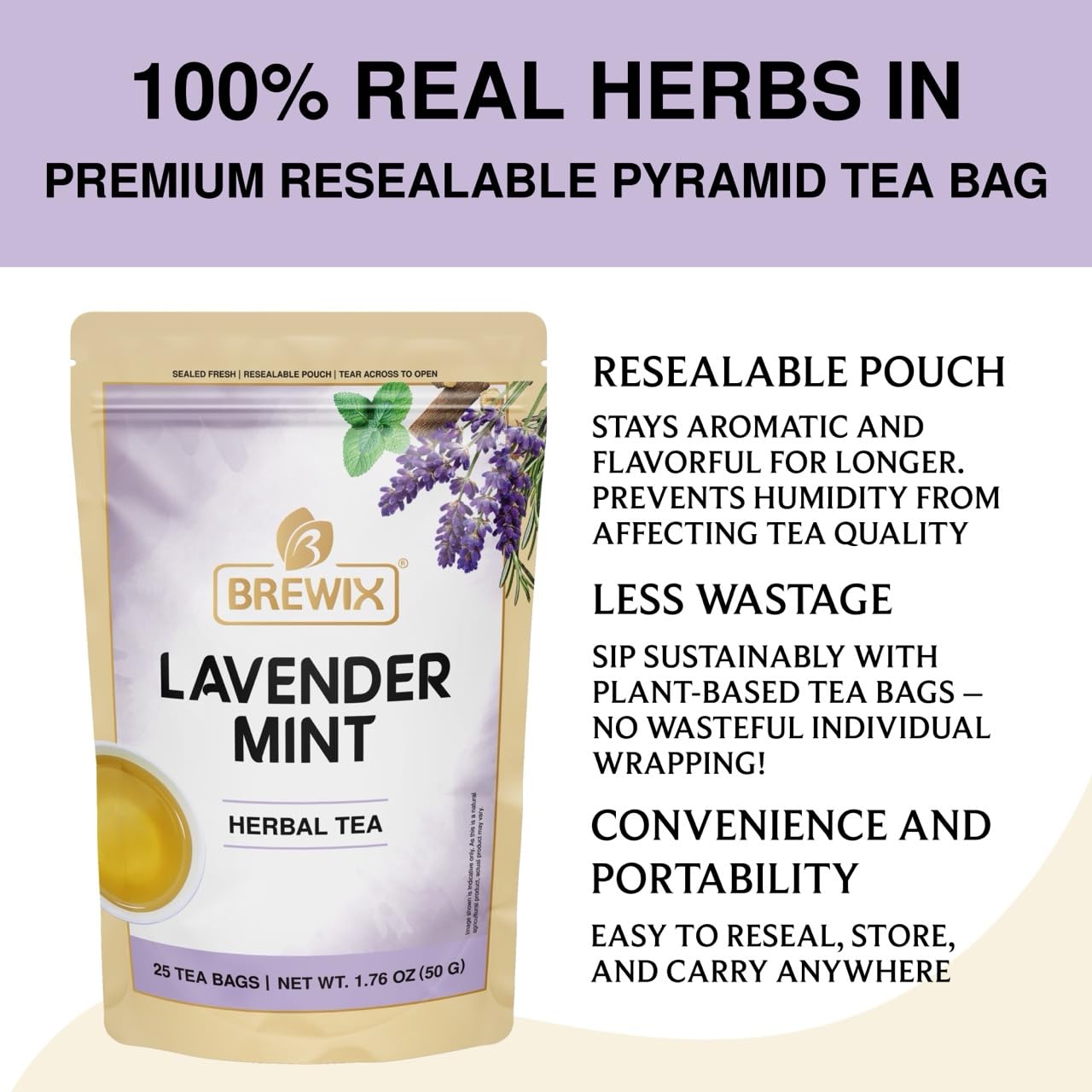 BREWIX, Lavender Mint Evening Blend Herbal Tea (25 Pyramid Tea Bags) Relaxaing & Calming Caffeine Free Tea with Peppermint, Lavender, Rosemary & Licorice Root | Naturally Sweet, No Sugar Added | Wind Down Herbal Tea