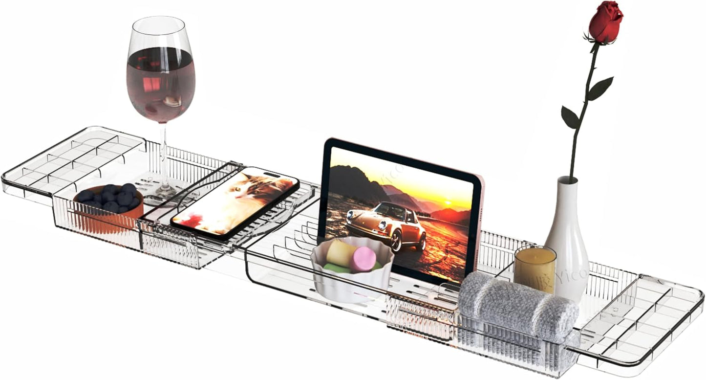 Yieach Luxury Tub Tray for Bathtub Expandable,Clear Bath Shelf Over Tub and Acrylic Bathtub Tray,Plastic Bath Board & Table,Bath Caddy Tray & Accessories for Mothers,Mom and Women Relaxing Spa Gifts