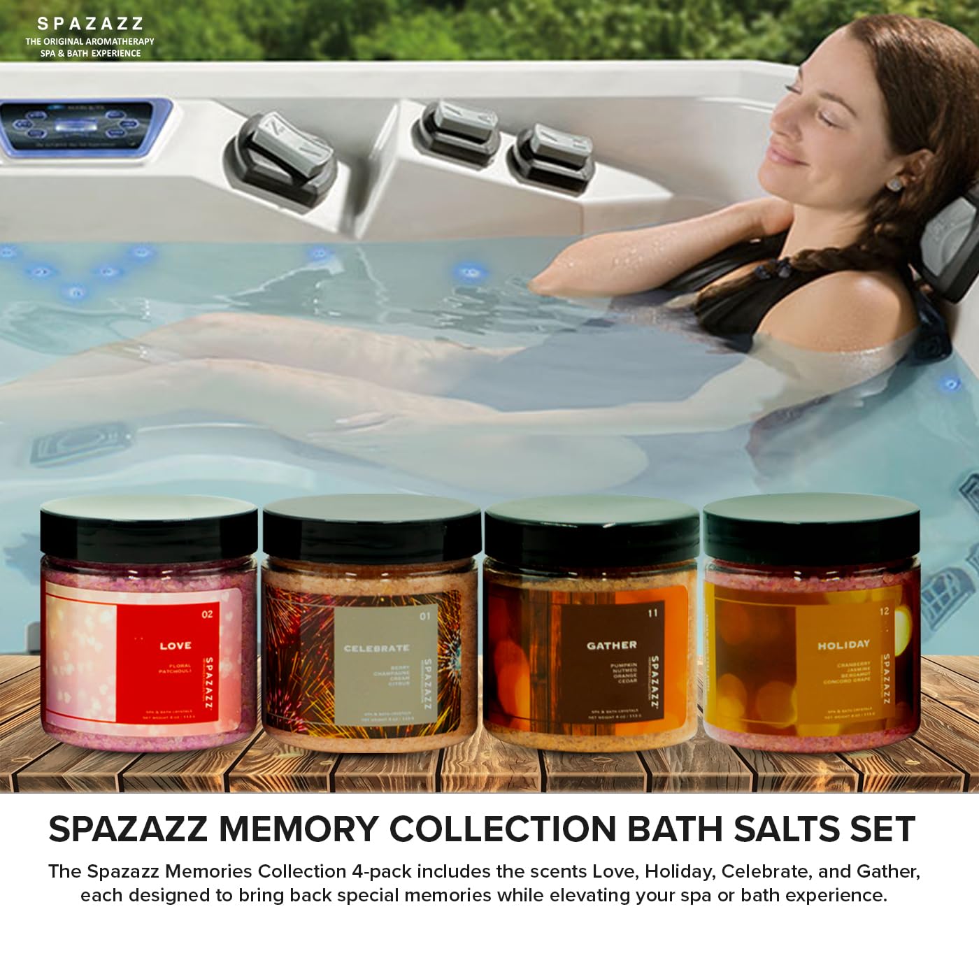 Spazazz Hot Tub Aromatherapy Memories Collection Bath Salts Set Four-4 Oz Pack - Love, Holiday, Celebrate, Gather - Spazazz Hot Tub Crystals and Bath Salts are Oil-Free & Safe for All Spas