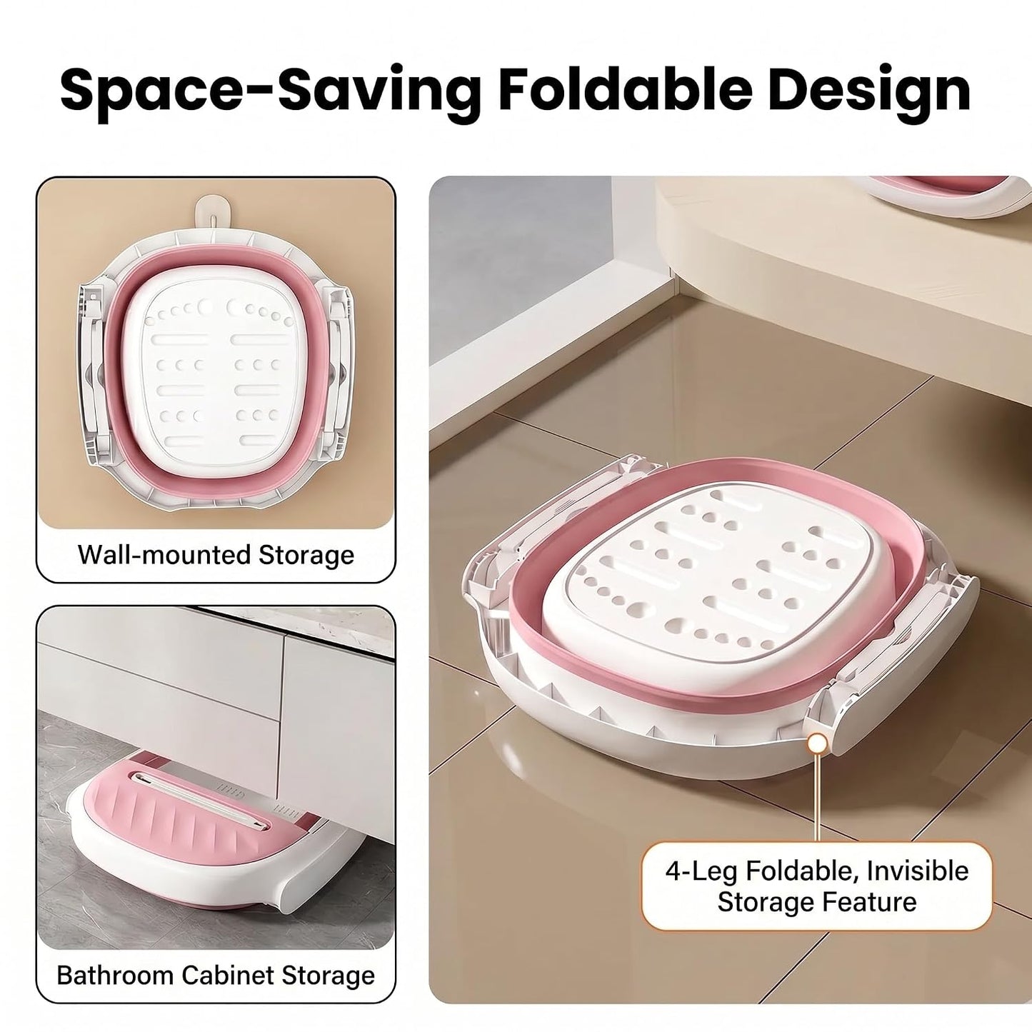 Collapsible Foot Bath Tub with Long Handle Foot Brush, Foldable Foot Soaking Tub with Insulated Lid & Sturdy Support Frame, Pedicure Foot Spa Basin for Men Women Home Travel (Pink)