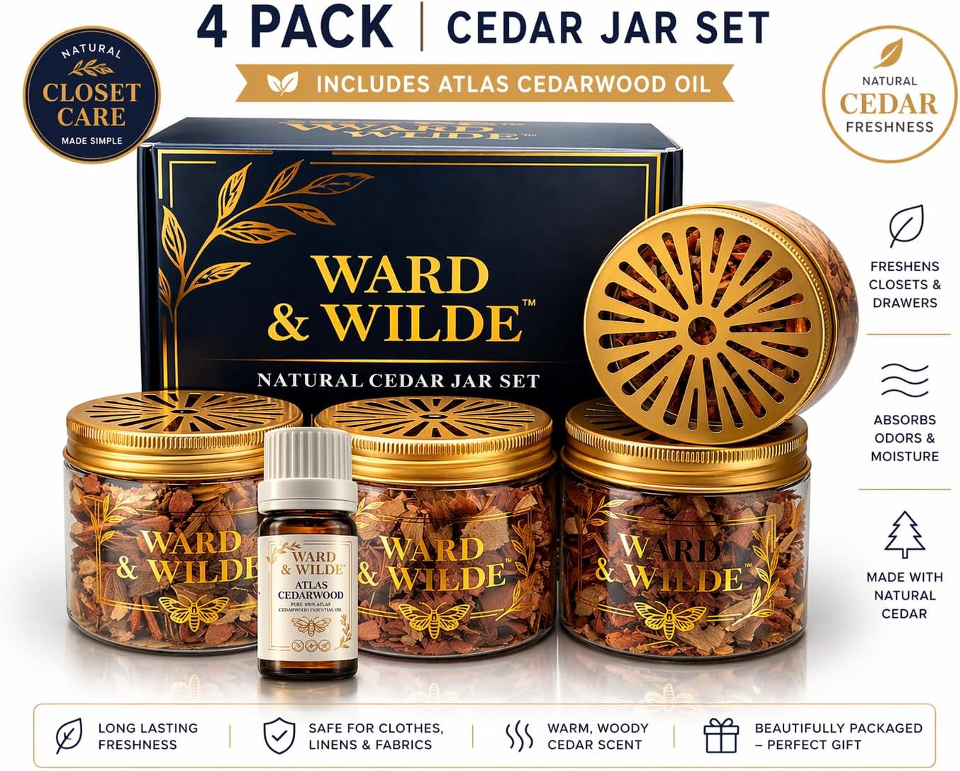 Cedar Jar Set (4 Pack) with Atlas Cedarwood Oil – Aromatic Cedar for Closets, Drawers & Wardrobes, Natural Closet Freshener for Clothes Storage