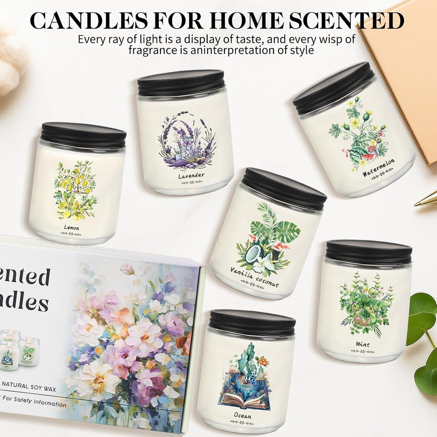 6 Pack Scented Candles Gift Set for Women, Soy Wax Jar Candles for Home, 37.8 oz Total Up to 300 Hours Burn Time, Fresh Scents - Lavender Lemon Mint Ocean Watermelon Vanilla Coconut