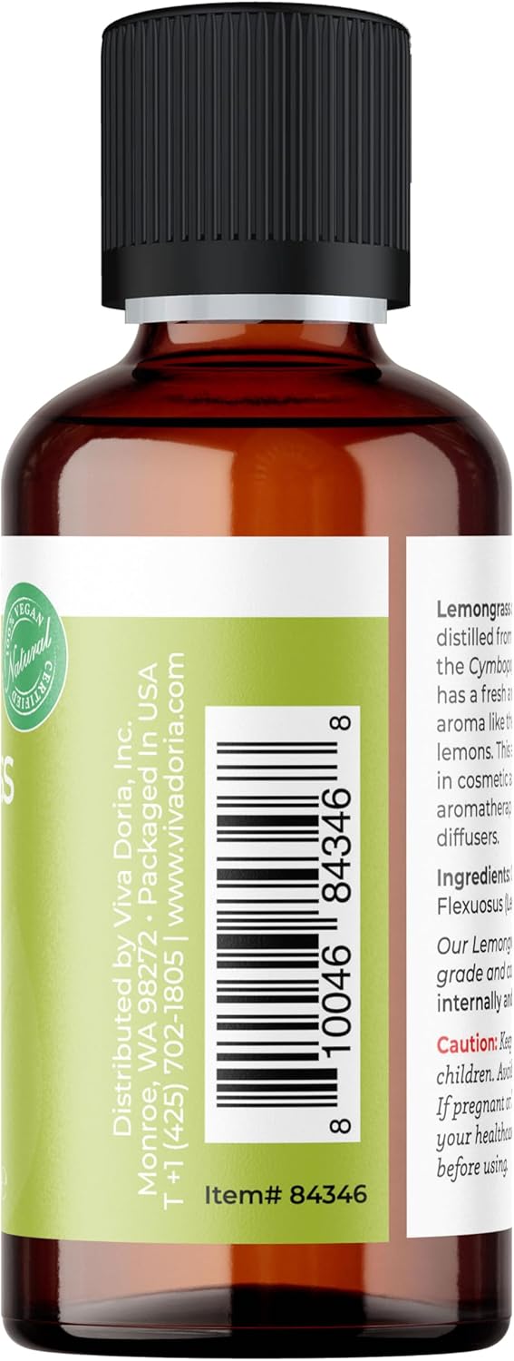 Viva Doria Lemongrass Essential Oil, 100% Pure, Natural Lemongrass Essential Oil, Undiluted, for Aromatherapy | Food Grade, 30 mL (1 Fluid Ounce)