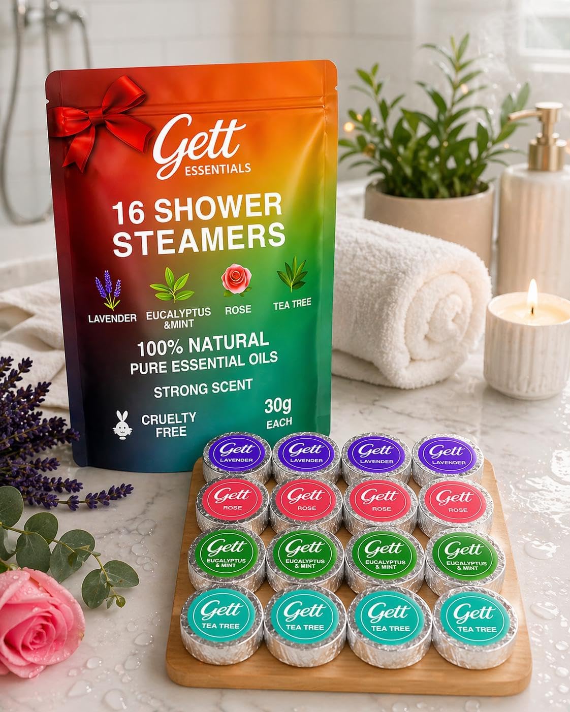 GETT Shower Steamers Aromatherapy 16 Pack, Strong Scent, Long Lasting, Lavender, Eucalyptus Mint, Rose, Tea Tree, Individually Wrapped, Sinus Relief, Stress Relief, Spa Gifts for Men and Women