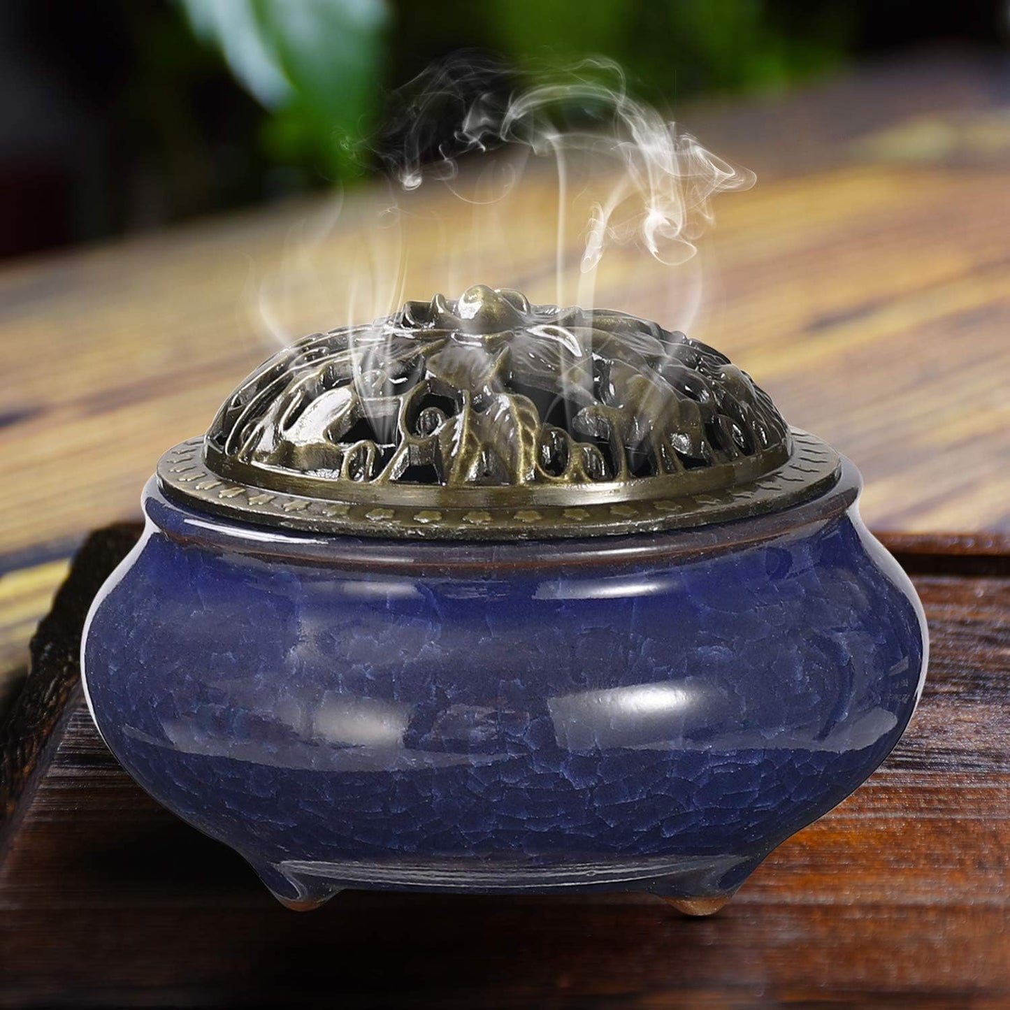 Miupoo Incense Burner and Cone Incense Holder with Brass Incense Stick Holder Ceramic Ash Catcher (Dark Blue)