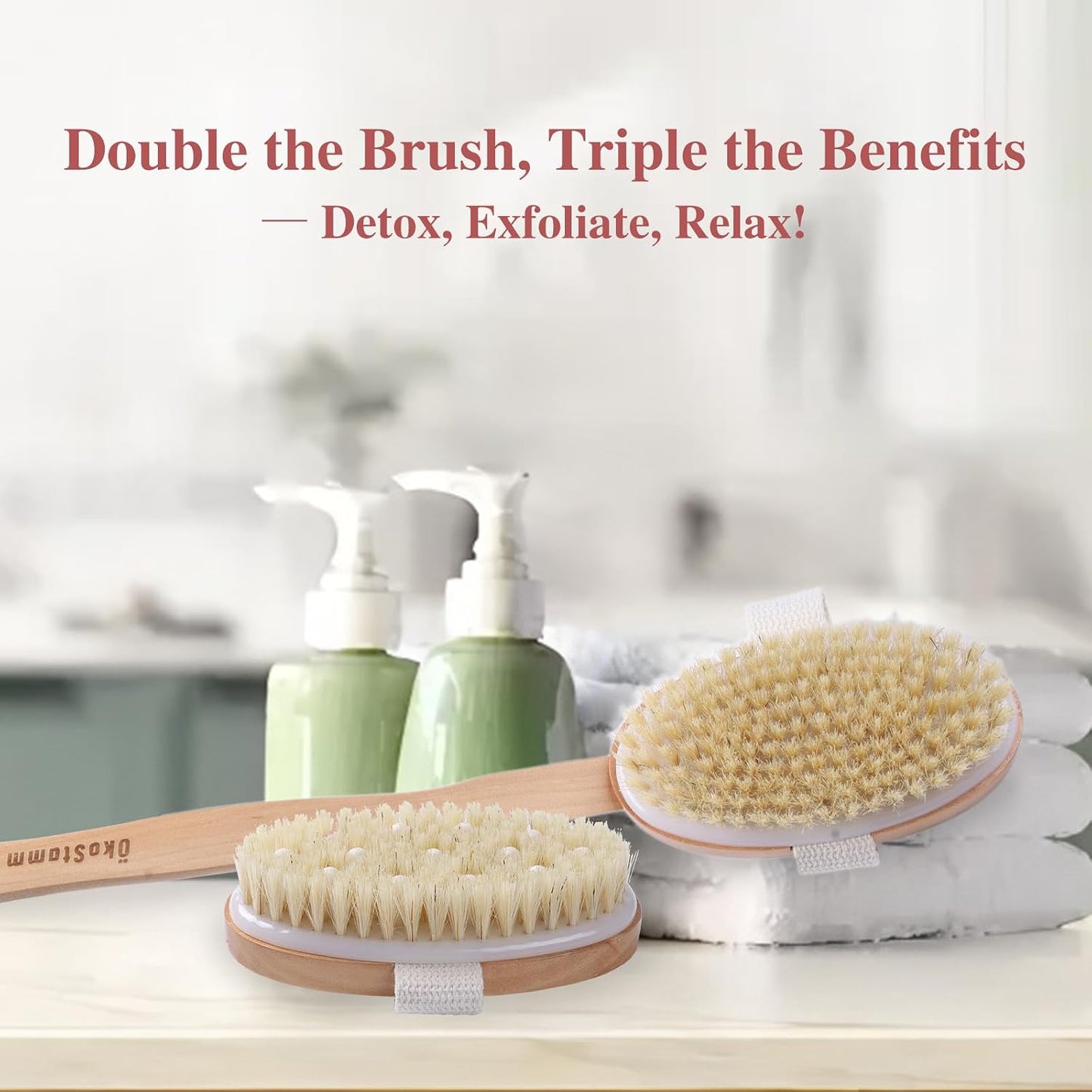 Dry Brushing Body Brush - Natural Bristle Dry Brush Set with 2 Detachable Heads, Wooden Long Handle Dry Body Brush for Lymphatic Drainage, Exfoliating and Cellulite Treatment