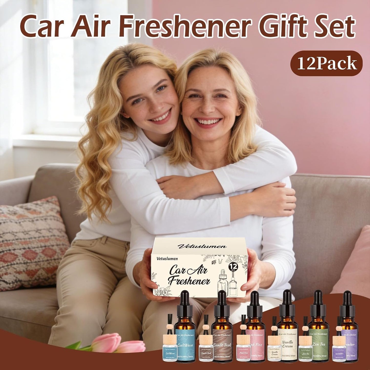 12 Pack Car Air Freshener Refills, 6-Scent Hanging Air Freshener Diffuser Set - Each(8ml +20ml Refill), Essential Oil Diffuser with Refill Bottles, Reusable Car Fragrance Decor Accessories