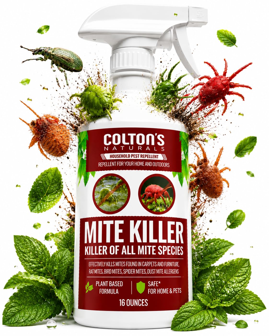 Mite Killer Spray – Kills Dust, Bird, Carpet & Household Mites Fast | Non-Toxic, Kid & Pet Safe Formula for Bedding, Furniture & Home | 16 oz