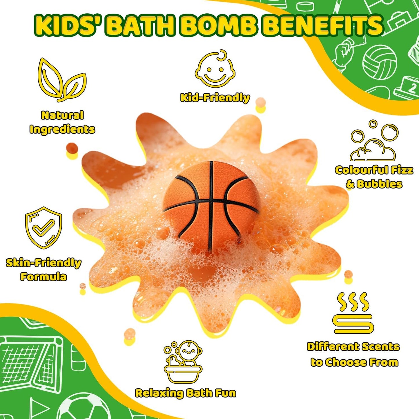 Bath Bombs for Kids, STEM 6-Pack Organic Handmade Bath Bomb Sports Themed, Basketball, Football, Rugby, Golf, Tennis Shapes, Mild Skin-Friendly SPA Toy, Nice Daily Reward and Holiday Gifts