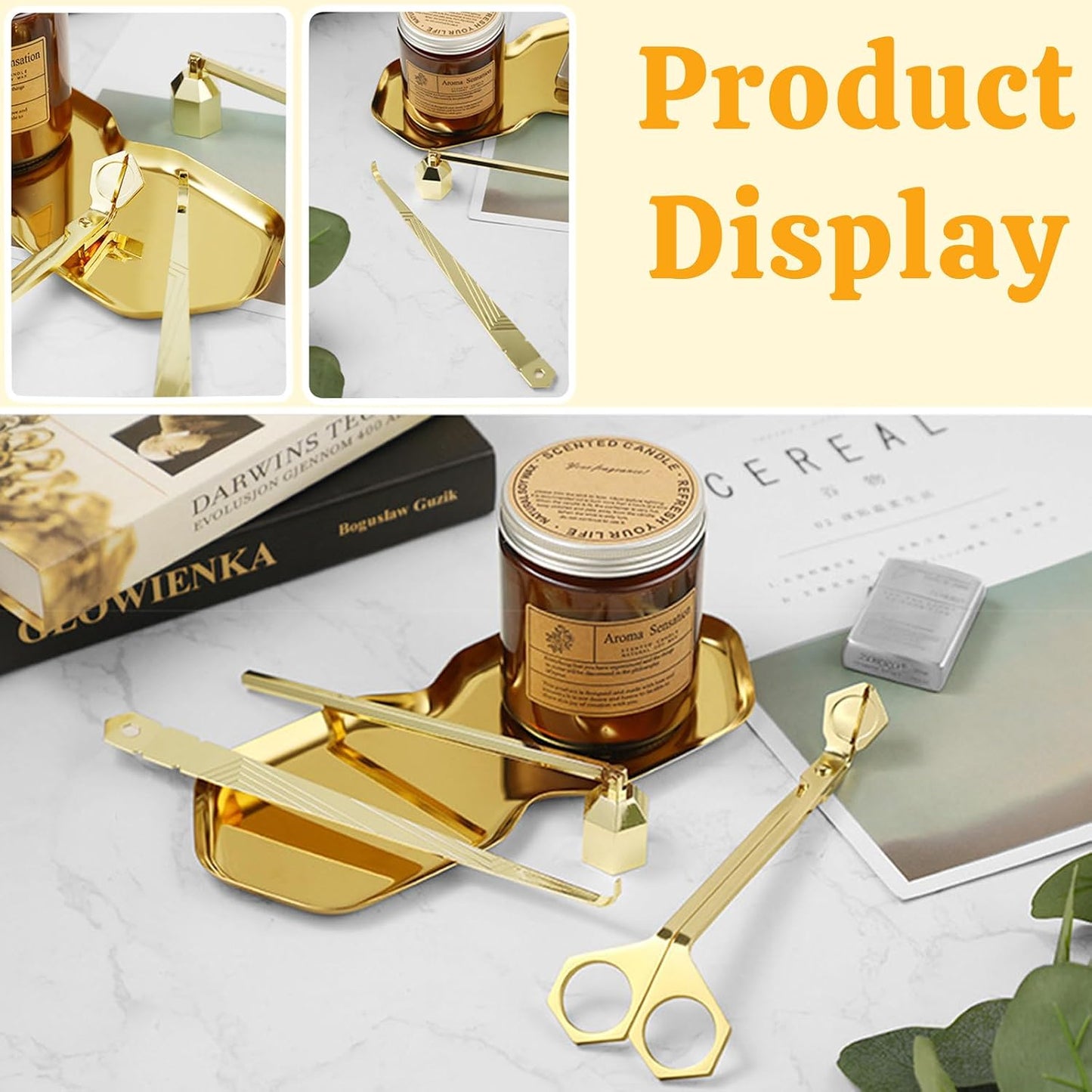 Premium 4 in 1 Candle Accessory Set - Candle Wick Trimmer, Snuffer, Wick Dipper and Tray, Care Kit for Candle Lover, Perfectly Trimmed Wicks (Gold)