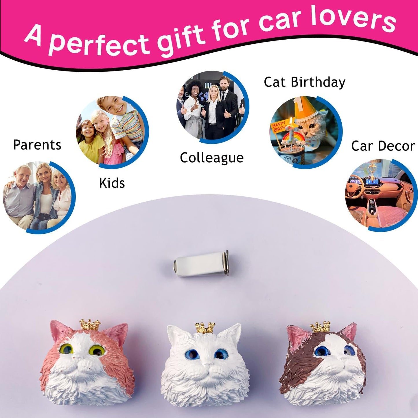Car essential oil diffuser with vent clip cute kitty gypsum figurine car diffuser car decor air vent clips for women men (Sky blue eyes, one size)