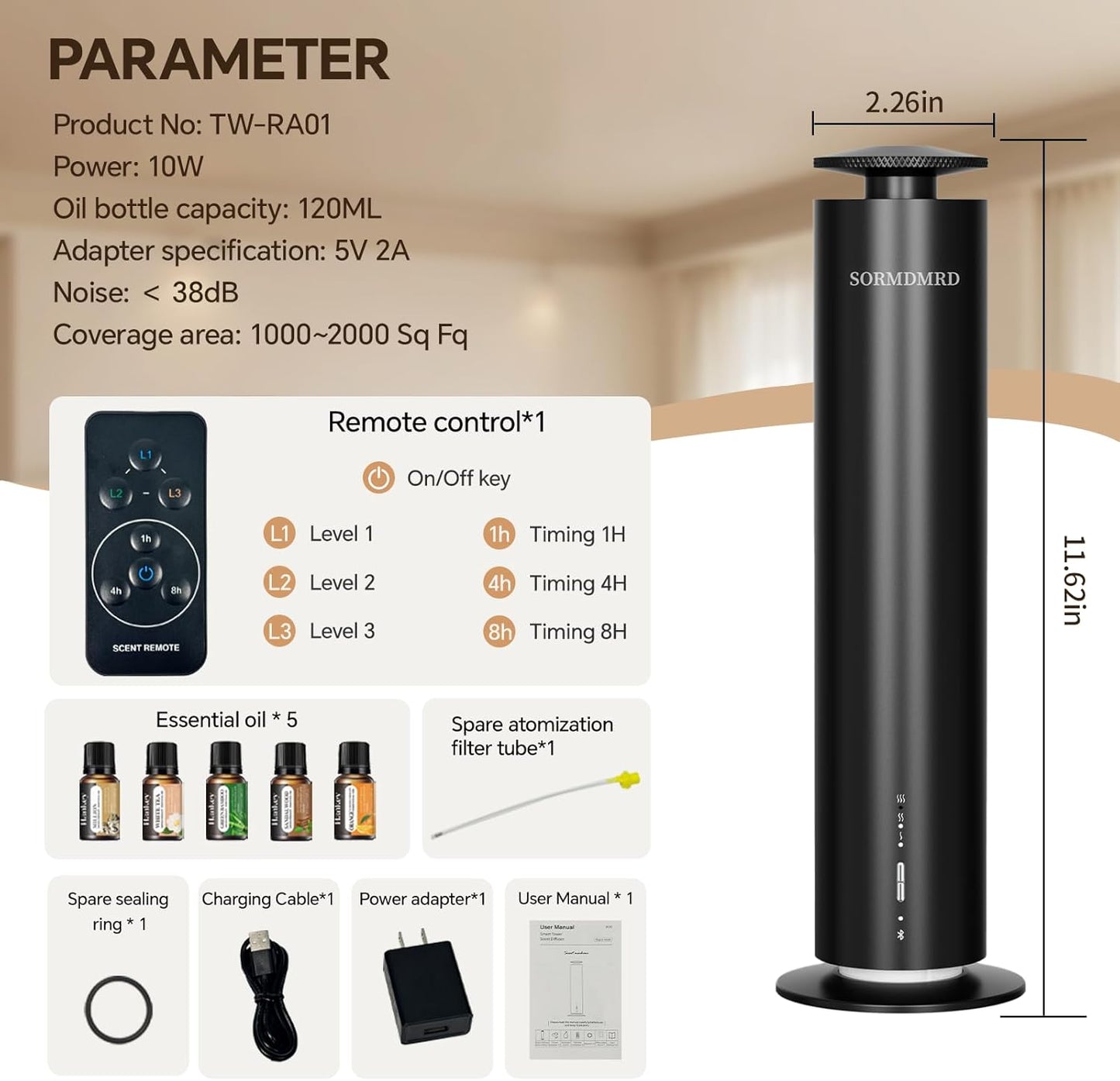 Waterless Scent Diffuser Starter Kit with 5 Scent Essential Oils, Covers 2000 Sq Ft, Cold Air Diffusers for Home, Hotel, Office, Aromatherapy Diffuser with Adjustable Mist, Timer, App & Remote Control
