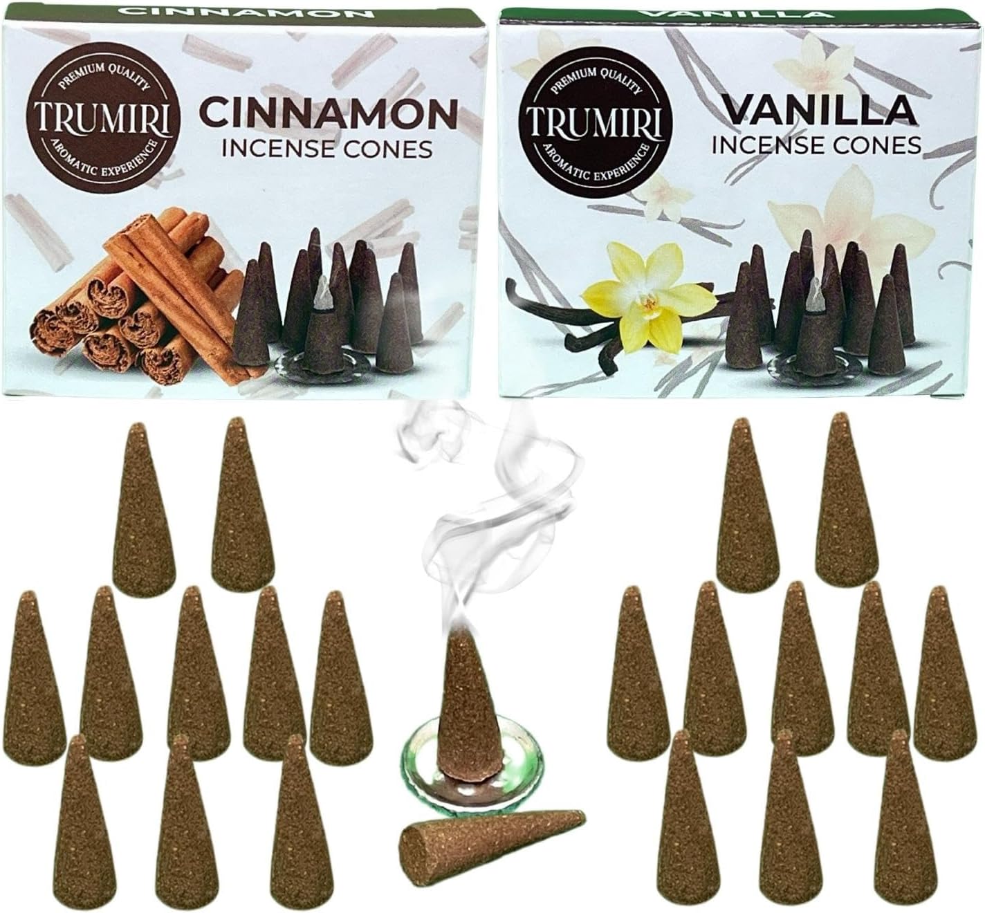 TRUMIRI Incense Cones - Combo Pack of 20 Cone Incense - 10 Vanilla + 10 Cinnamon
