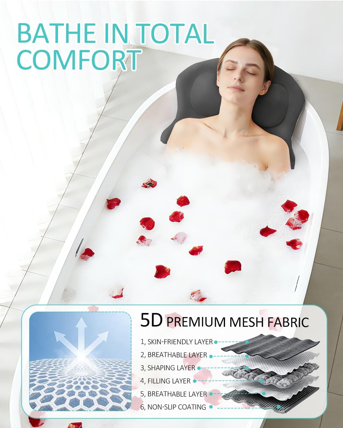 Full Body Bath Pillow for Bathtub, 5D Thick Tub Pillow for Bathtub with 192 Non-Slip Suction Cups, Laundry Bag & Hook, Bathtub Pillow for Head, Neck & Back Support (Gray, 51"*15")