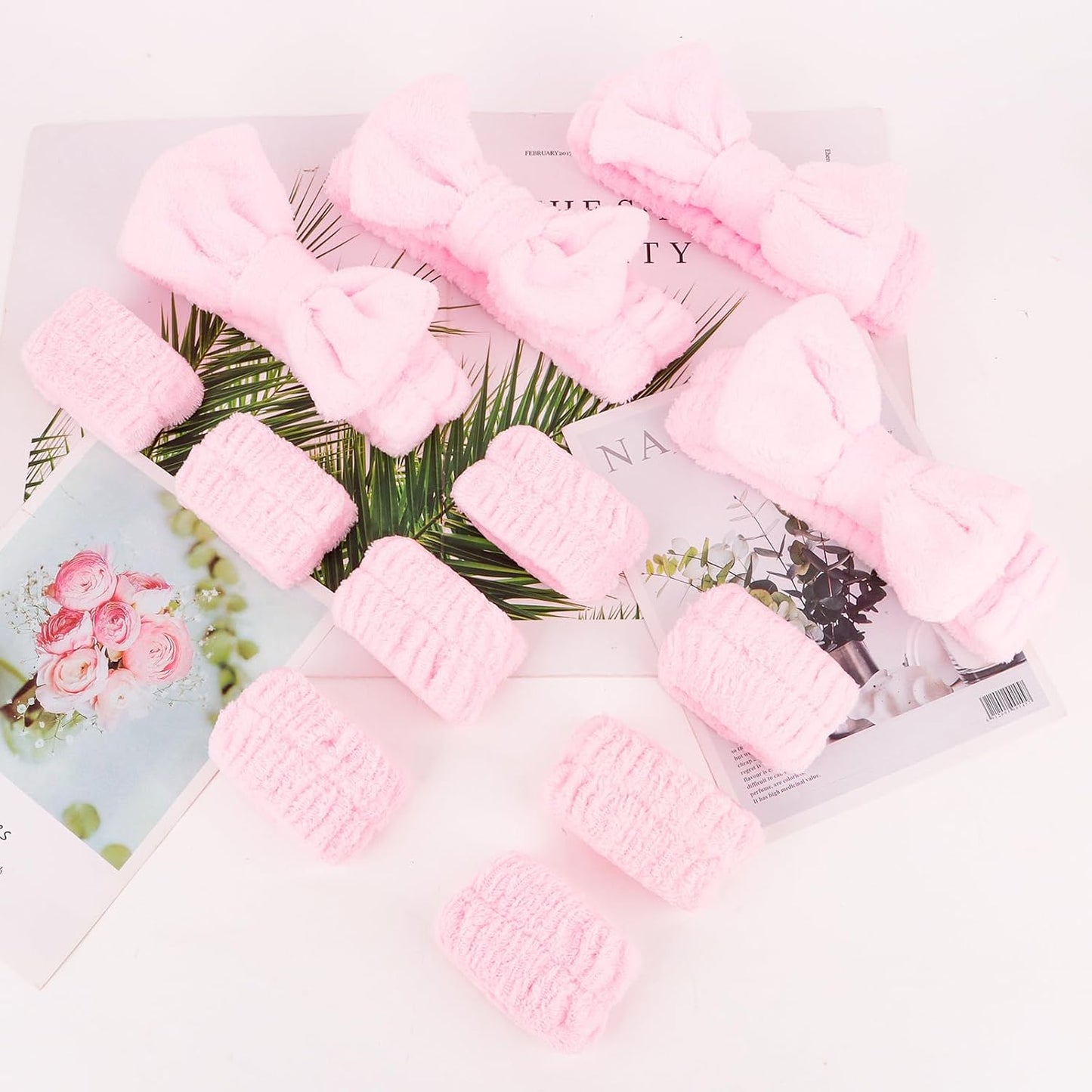 CIEHER 12 PCS Pink Makeup Headband for Women Wrist Washband Scrunchies Cuffs for Washing Face, Soft Bow Hair Band Matching Wristbands, Spa Headband Coral Fleece
