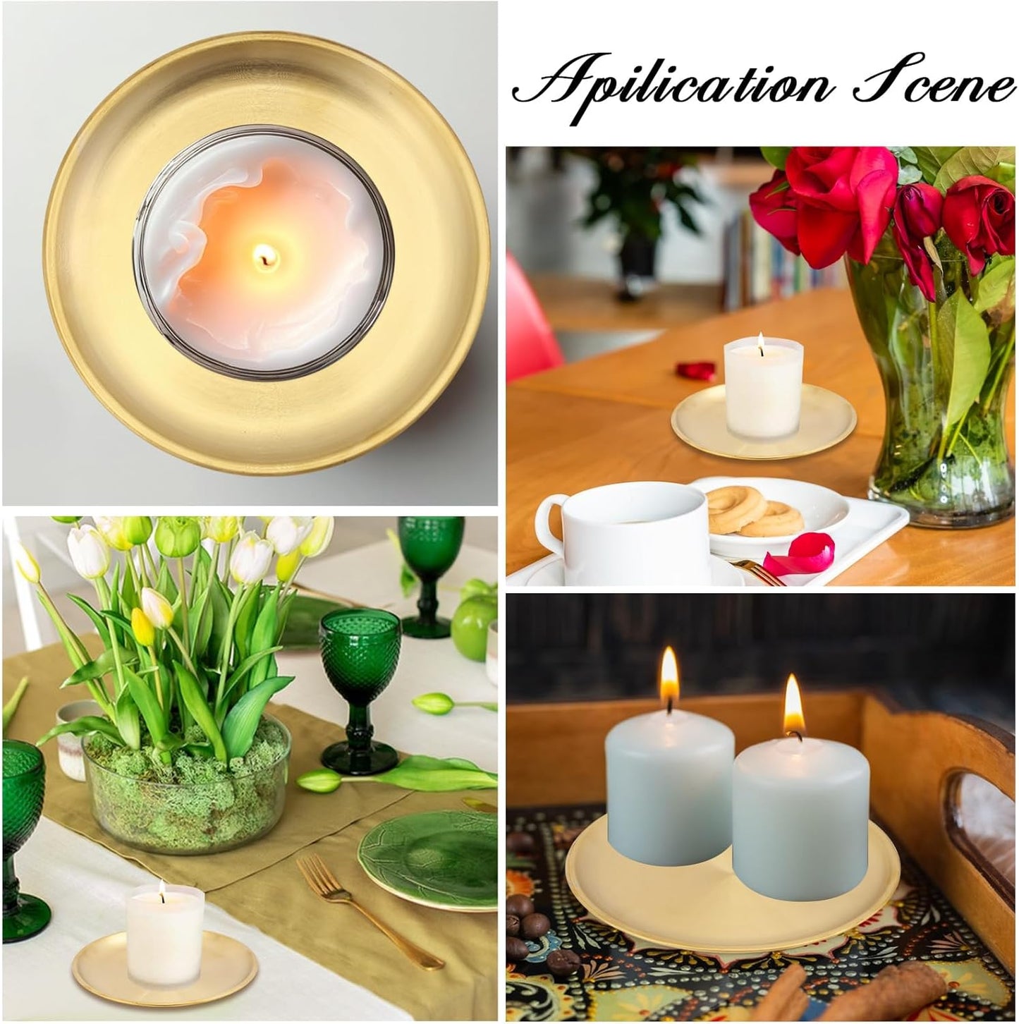 GLOBLELAND 4 Pcs 5.6 Inch Flat Round Metal Candle Holder Plate Golden Stainless Steel Jewelry Plates Gold Candle Holders Decor for Coffee Table Countertop Home Decorations