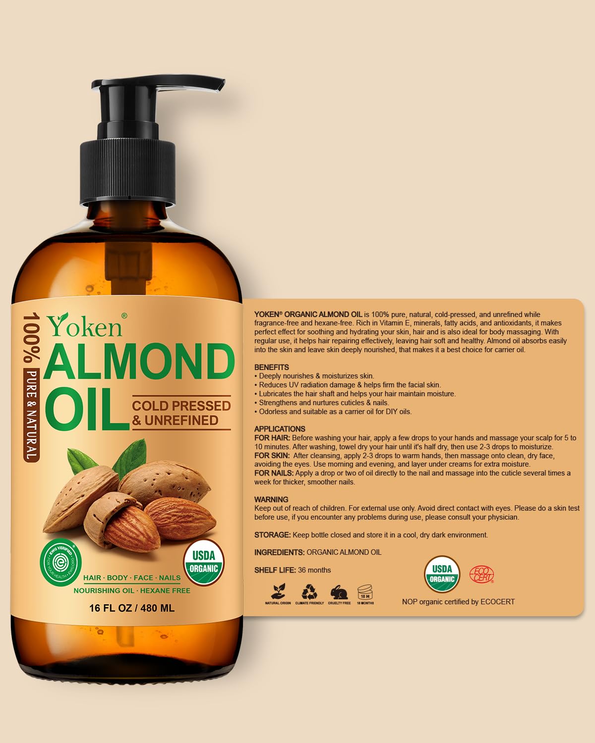 Yoken Organic Almond Oil 16 fl oz, USDA 100% Pure Cold Pressed Almond Oils in Glass Bottle, Natural Moisturizer for Face, Hair & Body, Ideal Carrier Oil for Skin Care, DIY Beauty & Soothing Massage