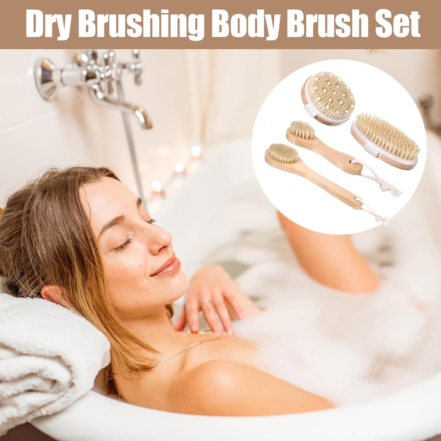 4PCS Dry Brushing Body Brush Set, Bamboo Dry Brush for Exfoliating Body Face, Boar Bristle Face Cleansing Shower Back Scrubber Brushes