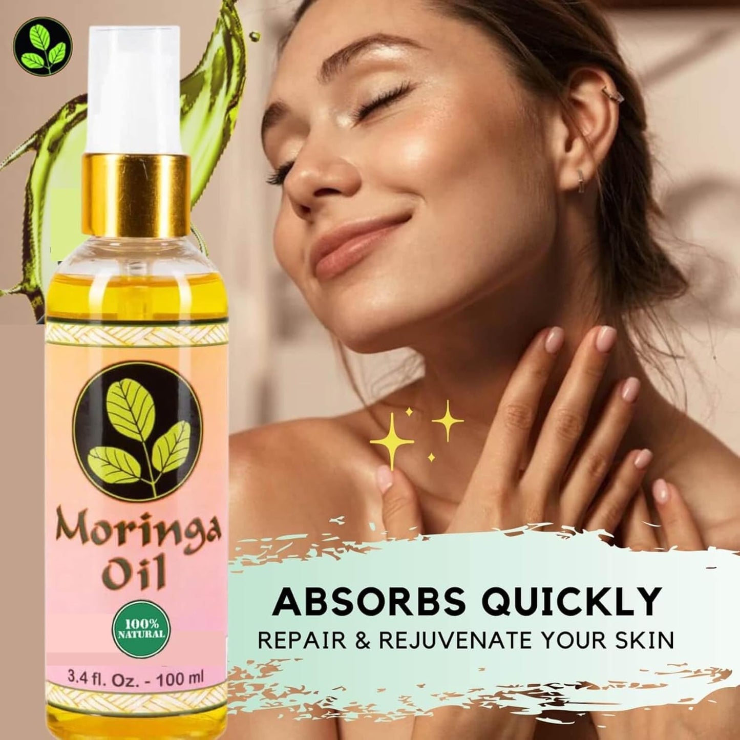 Moringa Oil 3.4 oz – Natural Face, Hair & Body Oil, 100% Pure, Cold-Pressed & Unrefined Moringa Seed Oil, Gluten-Free, Non-GMO, Vegan (100 ml)