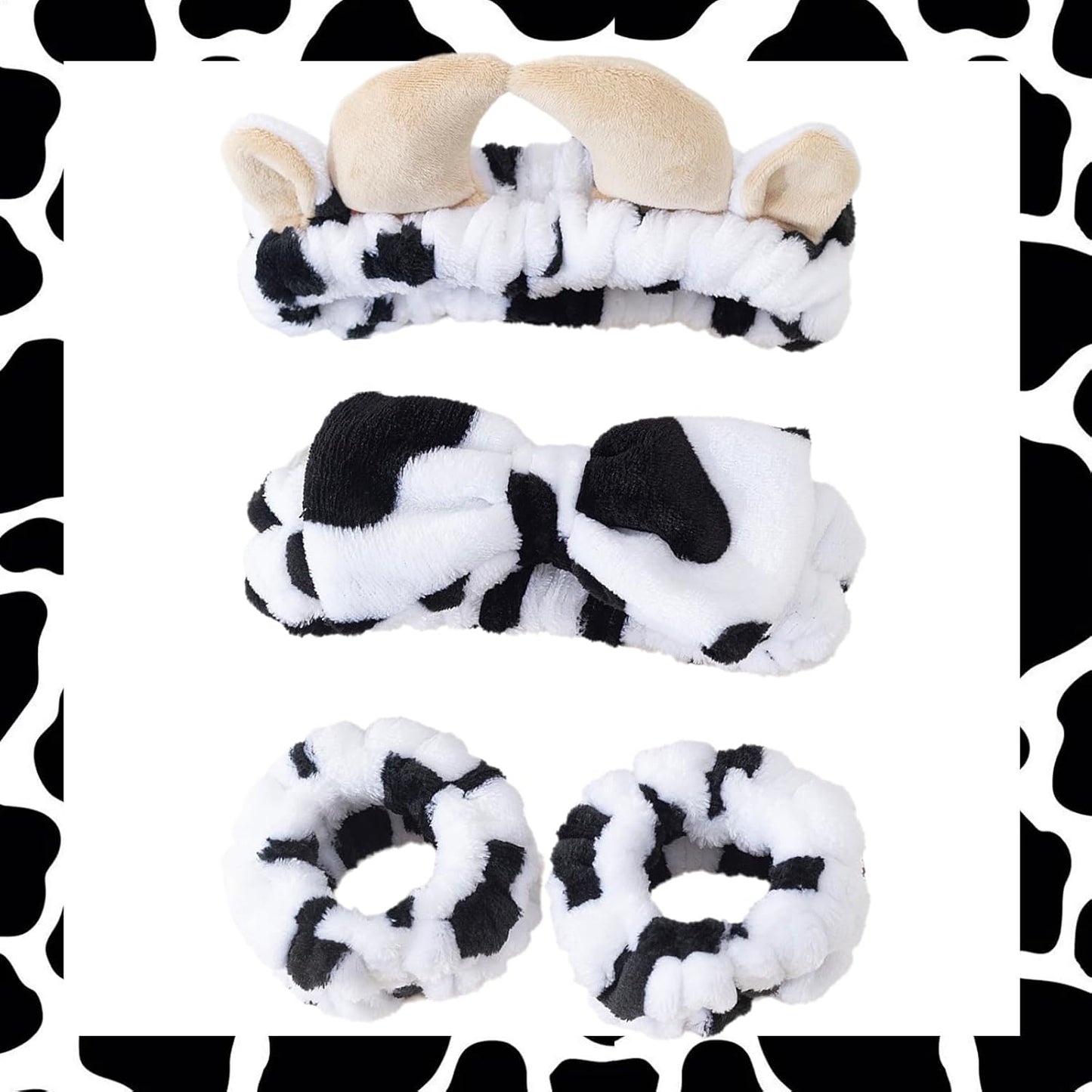 Cow Wash Face Headband & Spa Wristbands Soft Hair Scrunchy Set for Women Skincare Makeup Bath and Costume Party Accessories