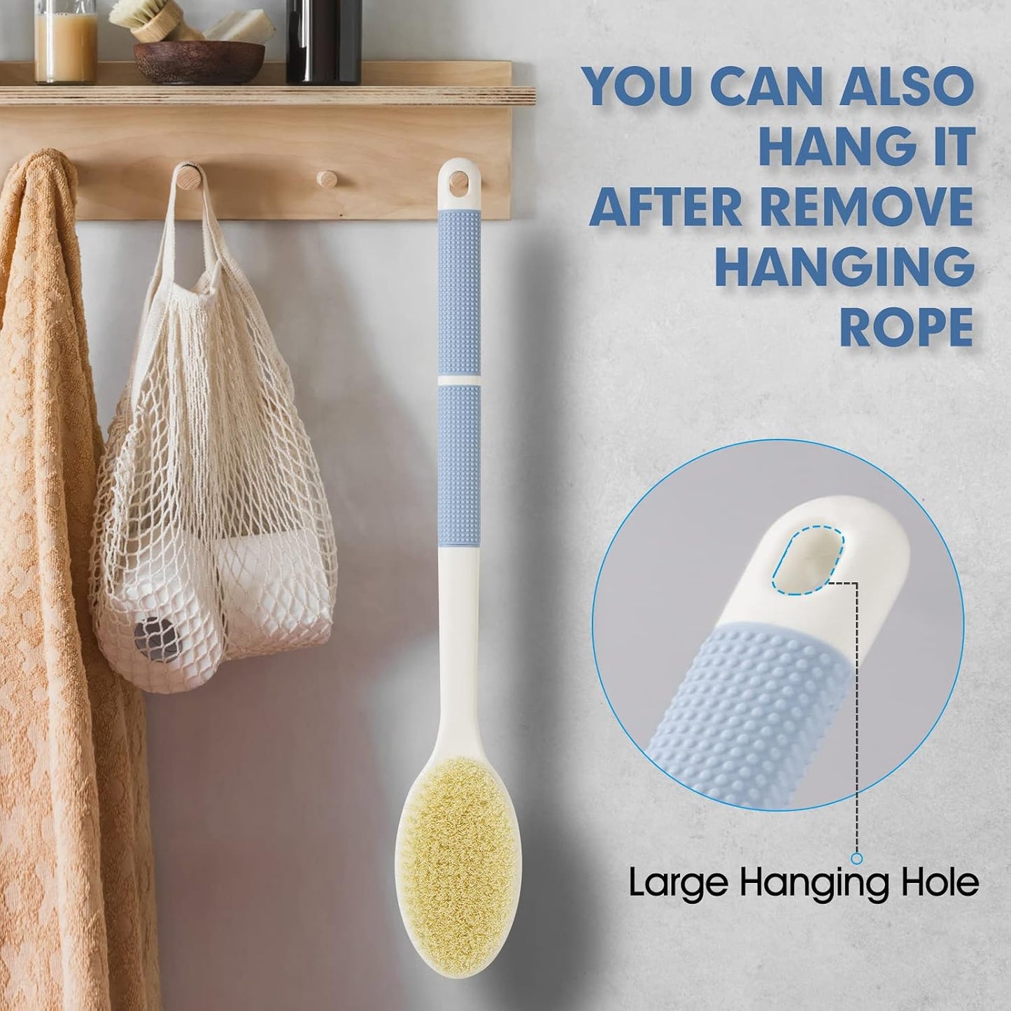 Backski Back Scrubber Anti Slip for Shower, Shower Brush Long Handle with Stiff and Soft Bristles, Body Exfoliator for Bath or Dry Brush(Blue)