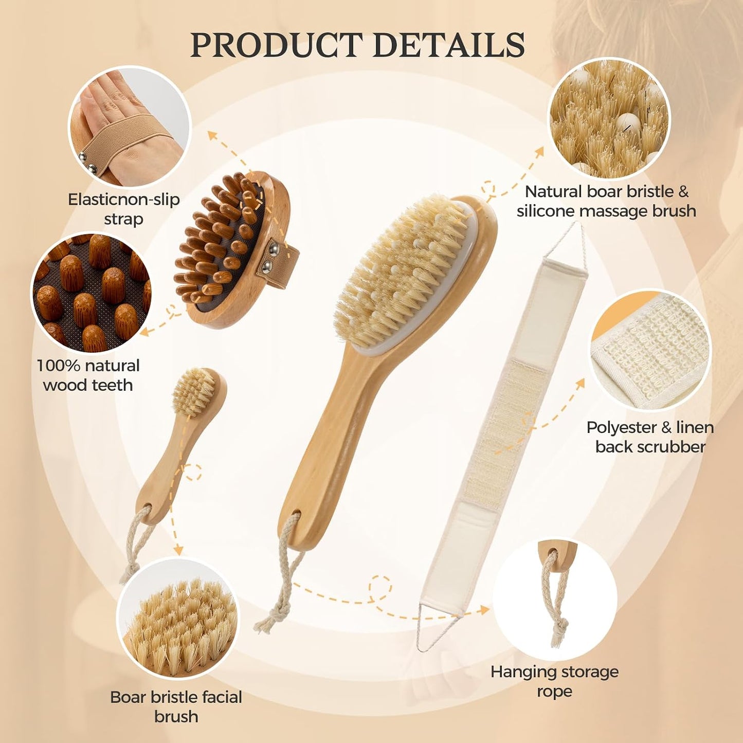 4 Packs Dry Brushing Body Brush Set for Lymphatic Drainage and Cellulite Massager, Long Handle Dry Brush for Body, Natural Boar Bristle Dry Body Brush Exfoliator