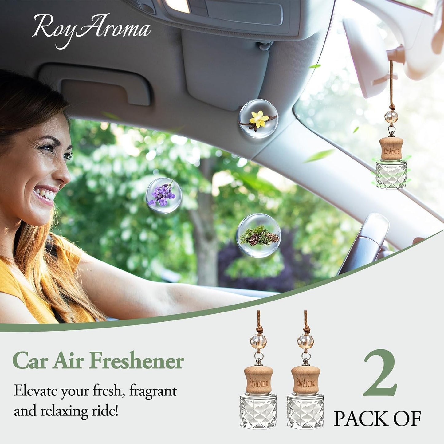 RoyAroma Hanging Car Air Freshener, 2-Pack Car Essential OIl Diftuser, Hanging Air Freshener with Plant-Based Scents, Long Lasting & Non-Toxic for Auto Perfume Odor Eliminator | Invigorating Teakwood