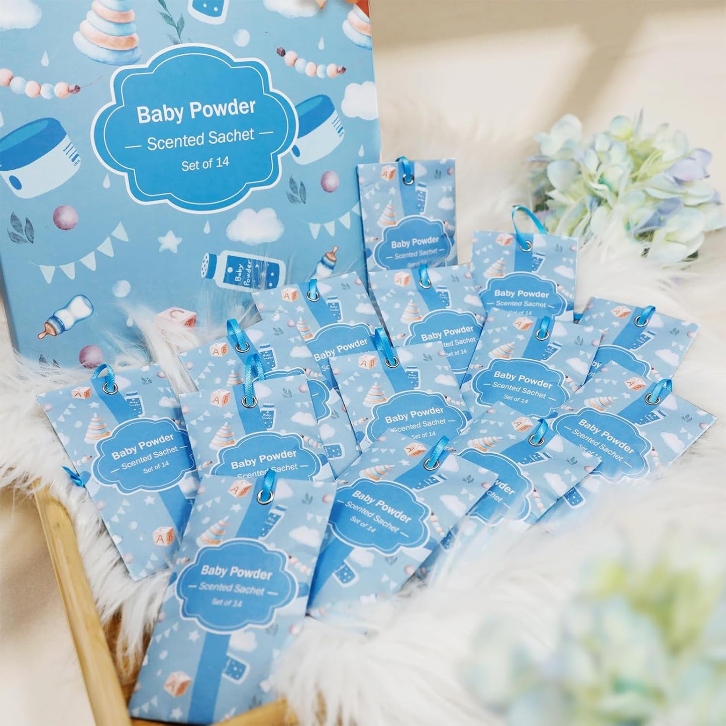 SCENTORINI Scented Sachets for Drawers and Closets, Baby Powder Scent 14 Pack, Long-Lasting Sachets Bags Wardrobe Freshener for Drawers, Closets, Handbags, Suitcases