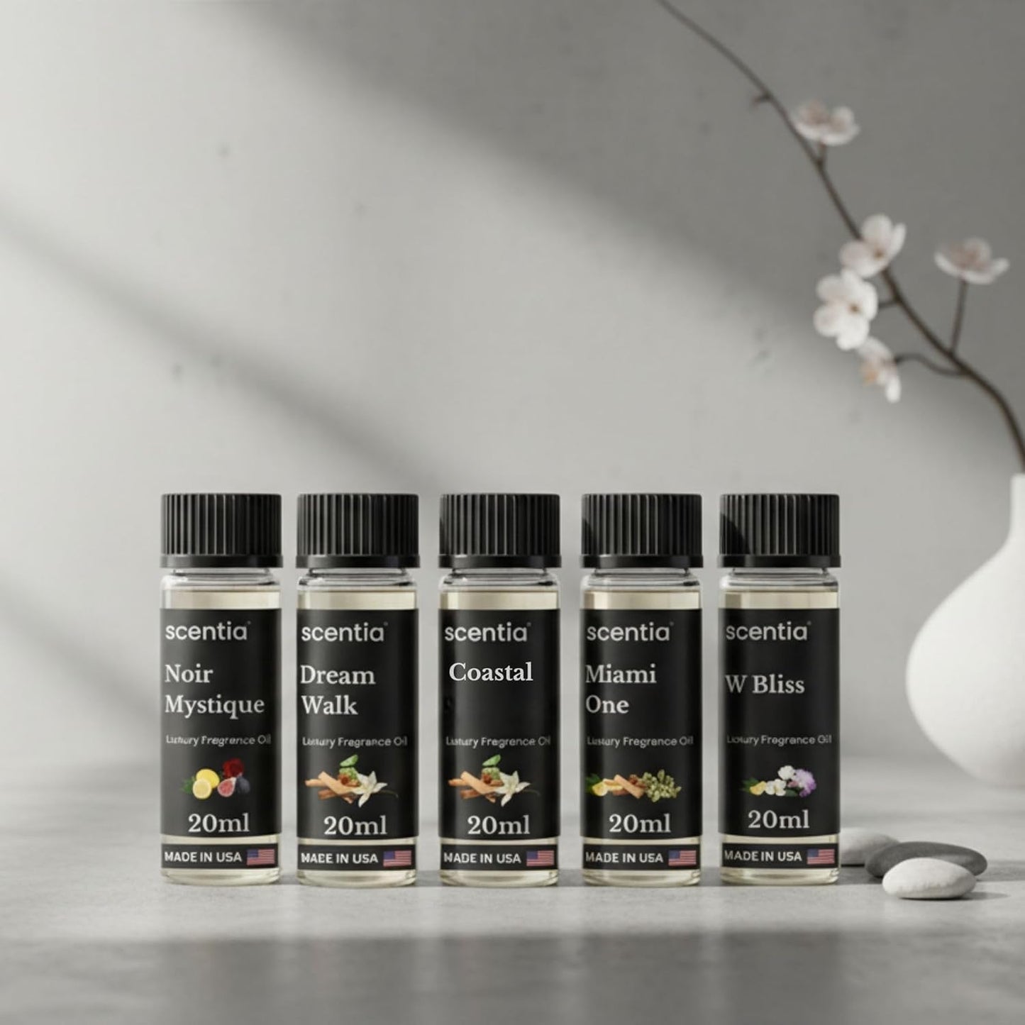 Scentia Luxury Diffuser Essential Oils Set β 5x20ml Discovery Collection, Miami One (Inspired by 1 Hotel Miami, Formerly My Way) Coastal (Formerly Cabana) & White Tea Spa Fragrance