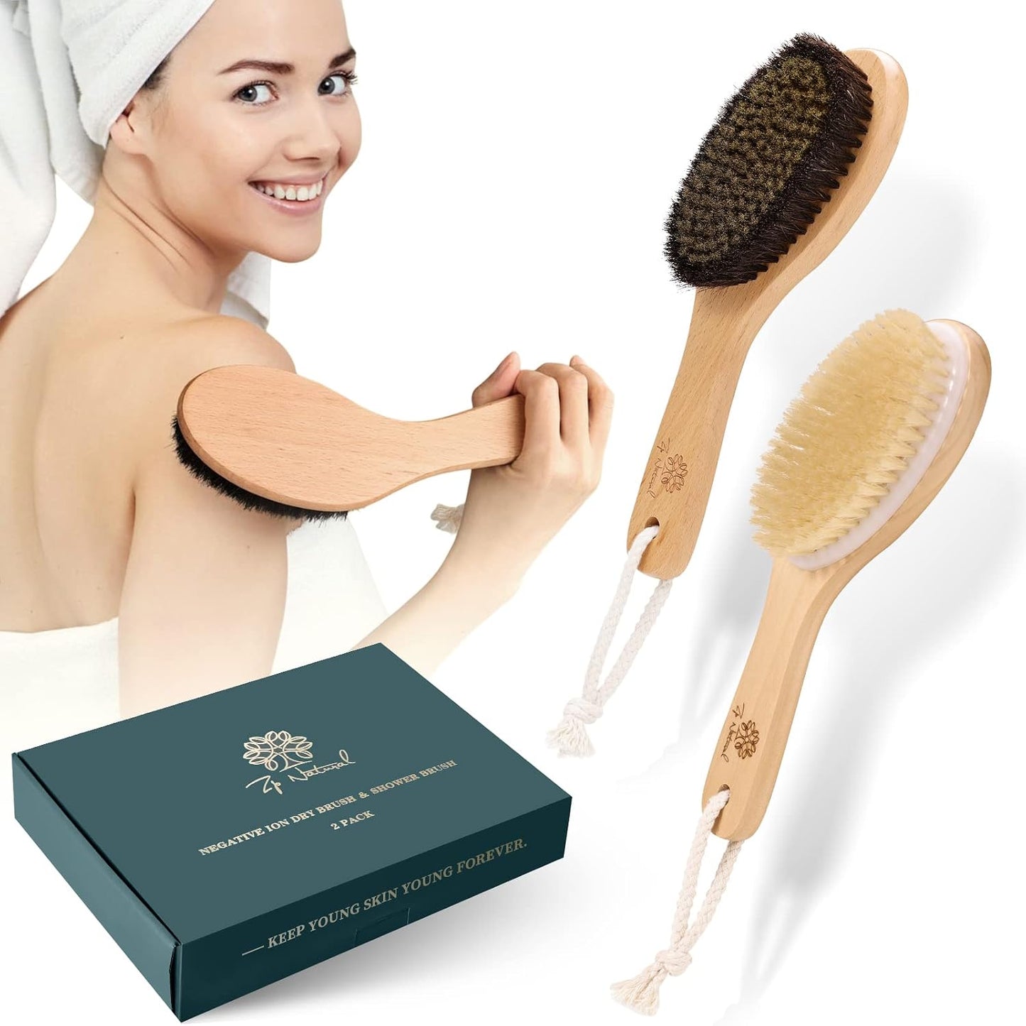 2-Pack Dry Body Brush, Copper Ionic Brush & Boar Bristle Shower Brushes | body brush set: Ionic copper brush for lymphatic drainage and natural boar bristle shower brush for skin exfoliating.