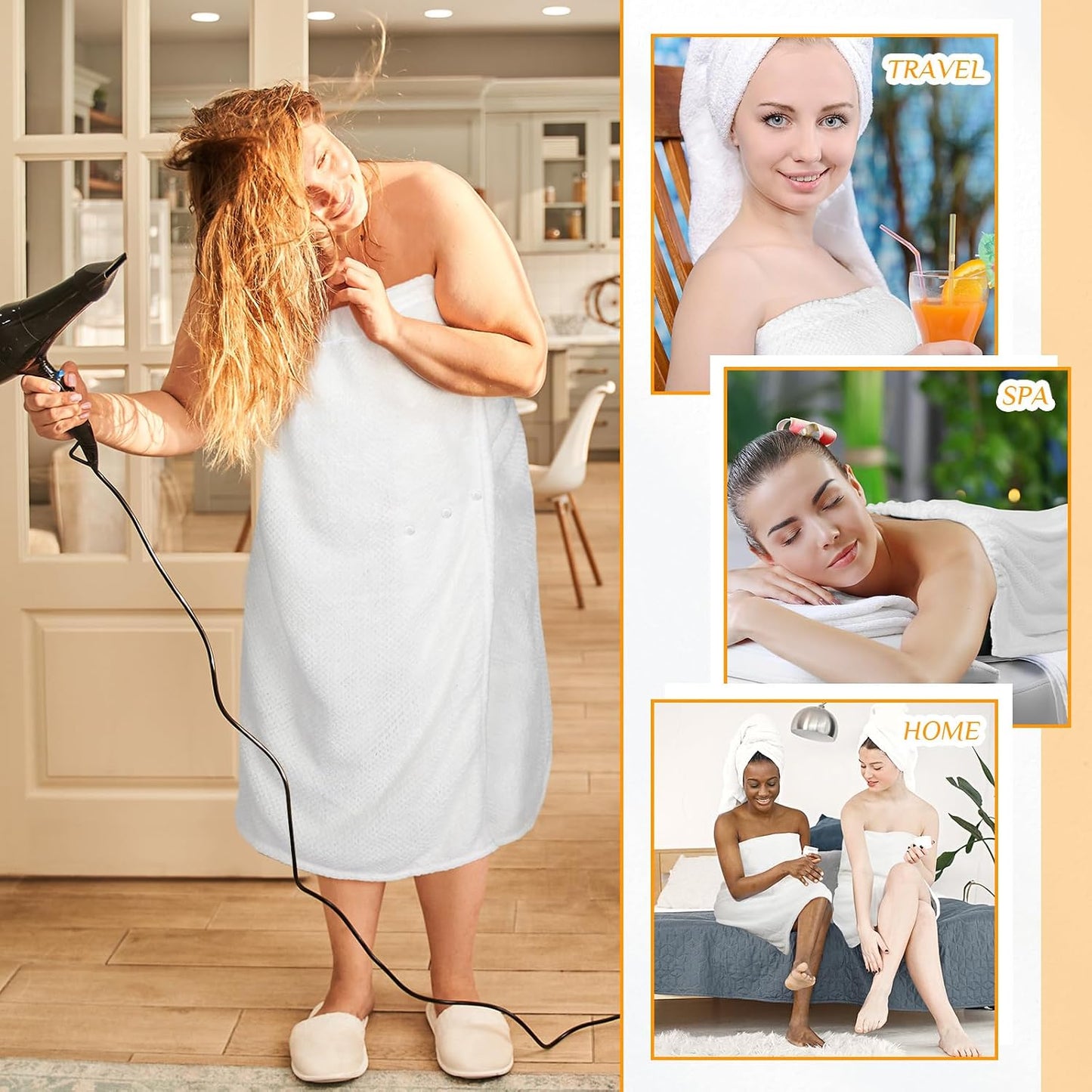 Tigeen 4 Pcs Spa Wrap Towel Wrap for Women Spa Robe with Adjustable Closure Elastic Top Lightweight Wraps for Bath Shower (White,XXL-4xl)