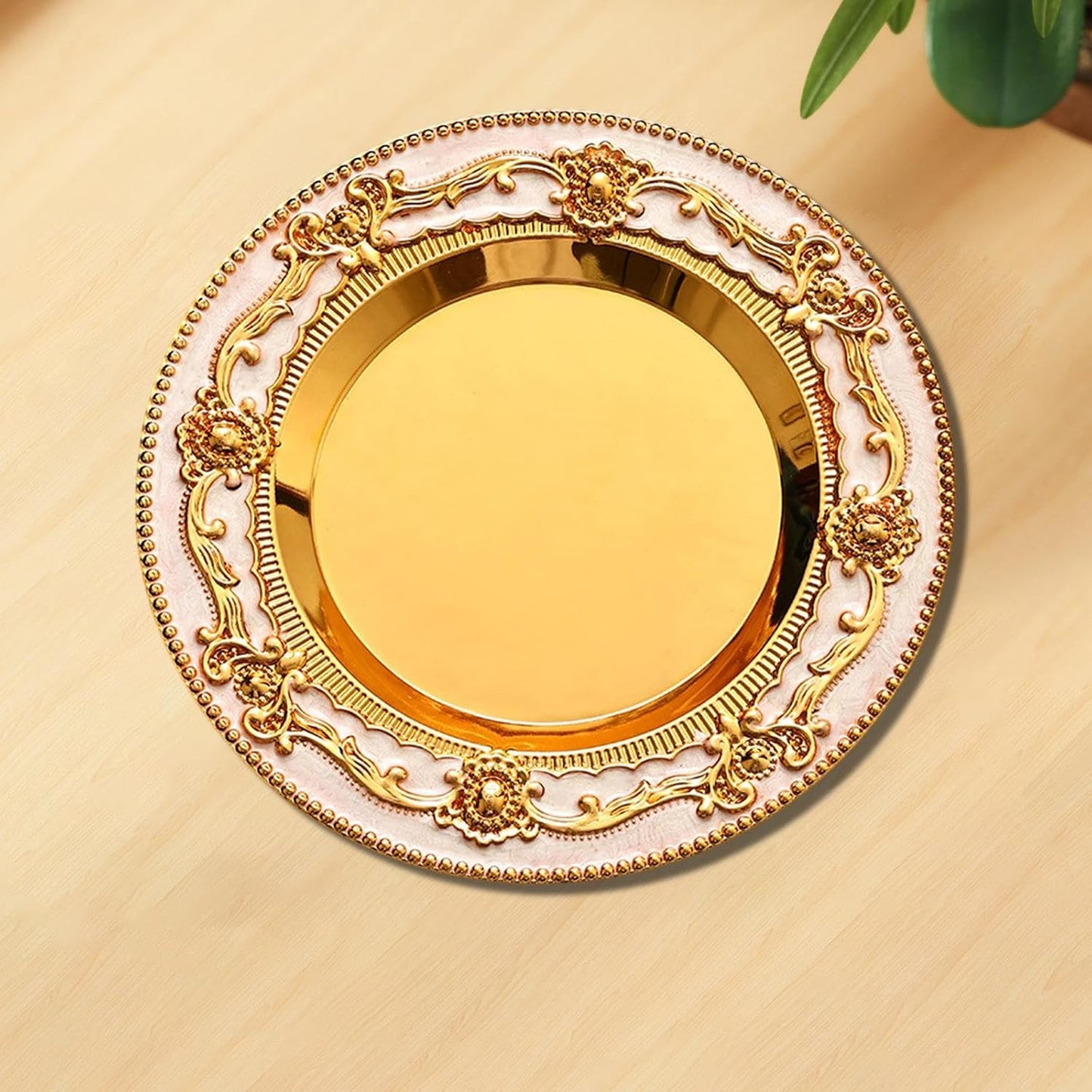 Decorative Serving Tray Round Storage Tray Rings Organizer Jewelry Holder Organizer for Perfume Candle 7.87 Inch- Gold White