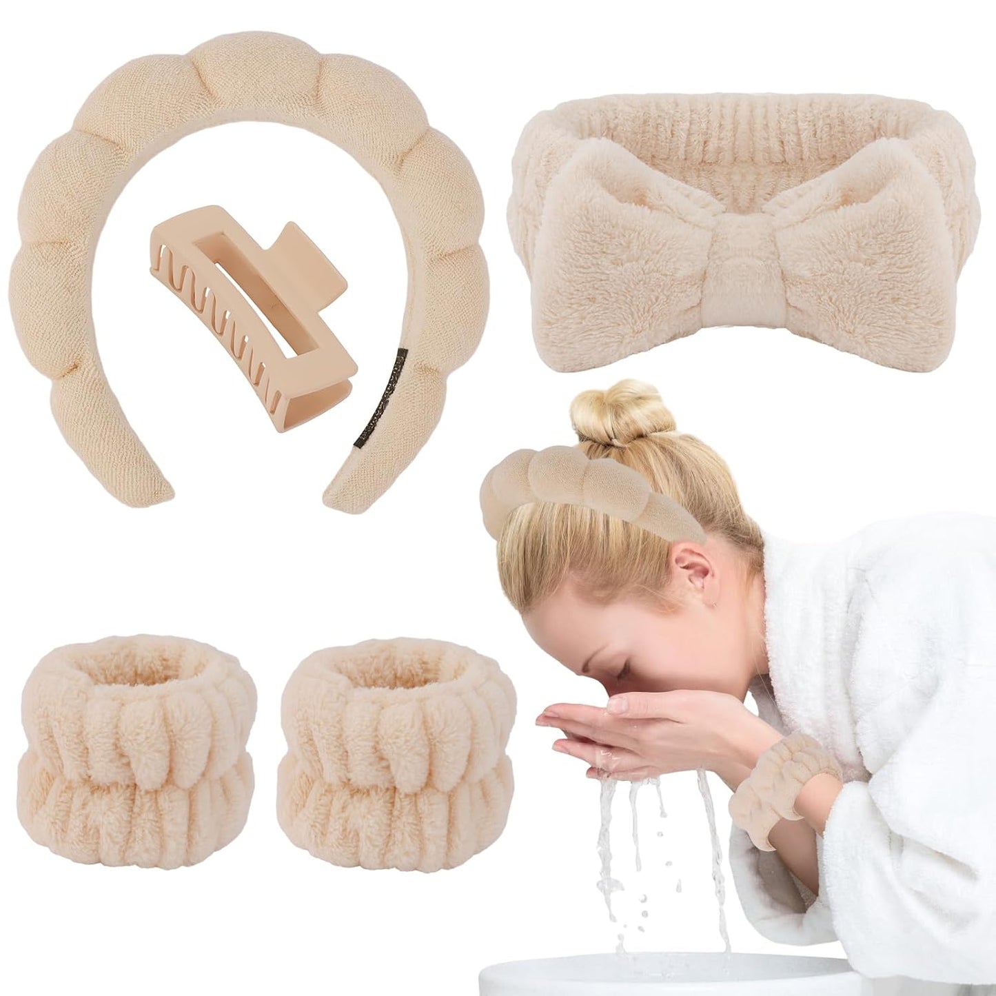 Canitor Spa Headband Wristband Set with Hair Clips Skincare Headbands for Washing Face Skin Care Puffy Makeup Headband Wrist Bands Preppy Teen Girl Gifts Cute Trendy Stuff Hair Accessories for Women