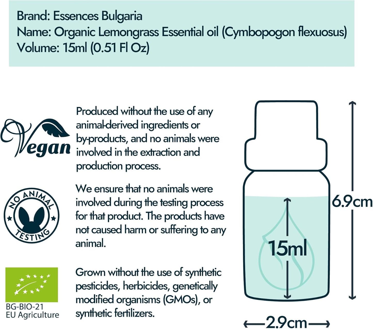 Essences Bulgaria Organic Lemongrass Essential Oil 0.51 Fl Oz | 15ml | Cymbopogon flexuosus | 100% Pure | Natural | Undiluted | Therapeutic Grade | Aromatherapy | Cosmetics | Cruelty Free | Vegan