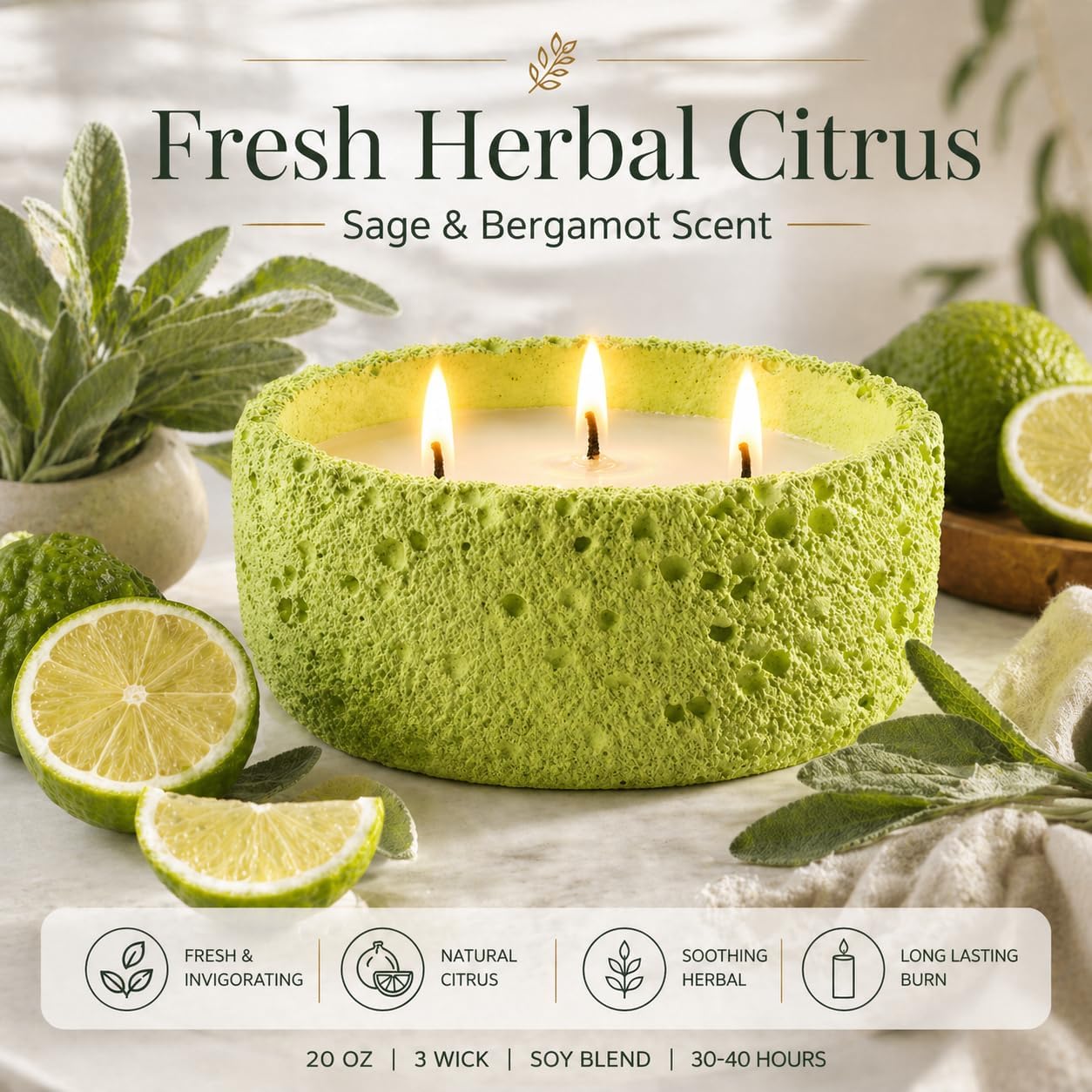 Viyffo 20oz Large Scented Candle - Sage & Bergamot, 3 Wick Non Toxic Soy Candles for Women & Men, Matte Green Ceramic Jar, Luxury Home Fragrance, Elegant Room Decor & Premium Gift