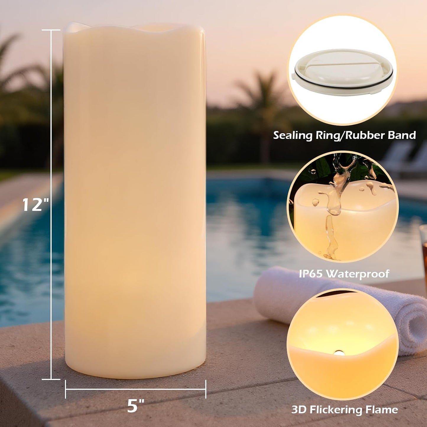 GenSwin Outdoor Candles with Timer Waterproof, Large Pillar Battery Operated Candles with Remote Timer, 12" x 5" LED Flameless Candle for Indoor Outdoor Lanterns Patio, IP65 Waterproof (Set of 2)