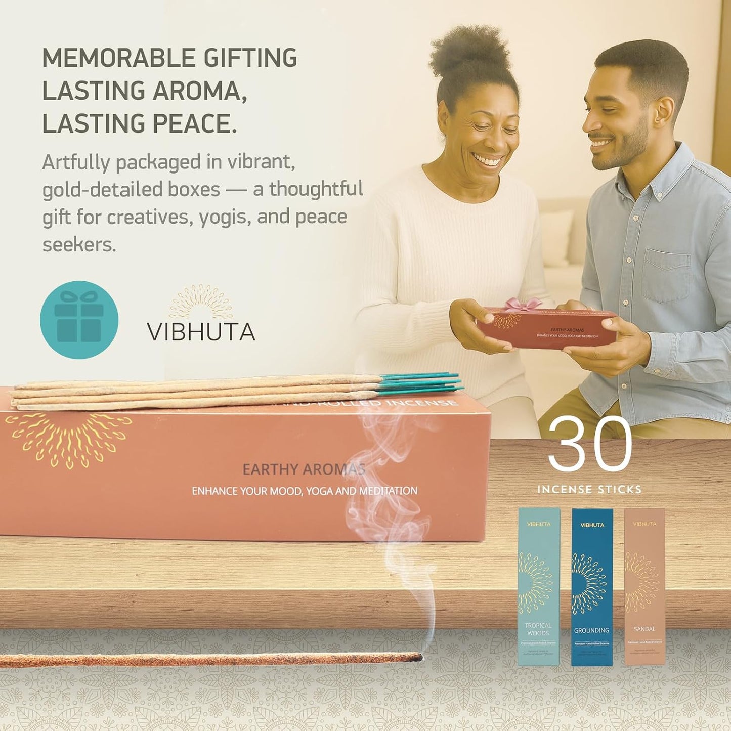 Incense Gift Set | 30 Hand-Rolled Indian Sticks | Sandalwood, Nag Champa, Spiritual & Chakra Incense for Meditation & Yoga - 3 Natural Scents (Earhty Aromas)