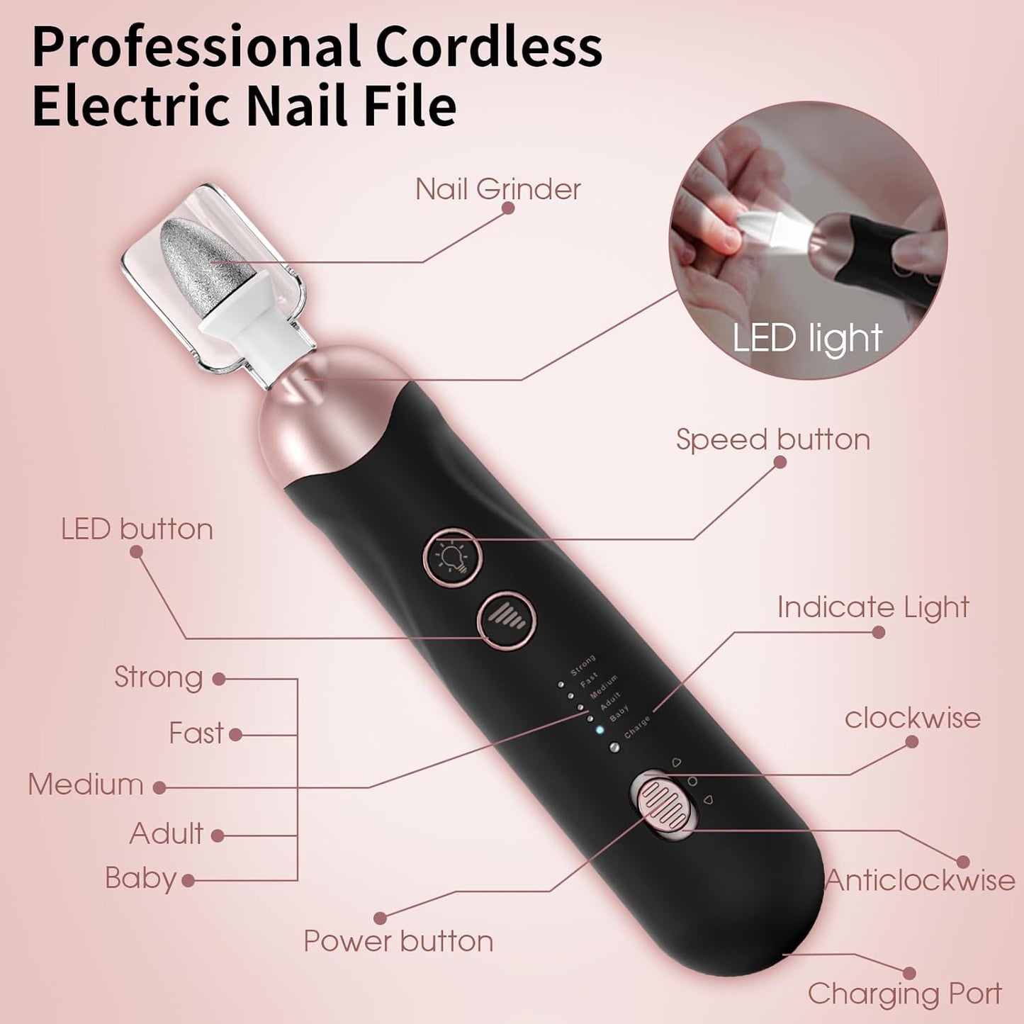Professional Manicure Pedicure Kit, Cordless Electric Nail File Set, Rechargeable Pedicure Tools for feet, 5 Speeds Hand Foot Care Nail Drill for Thick Nail Toenail Cuticle Women Men Baby Pets
