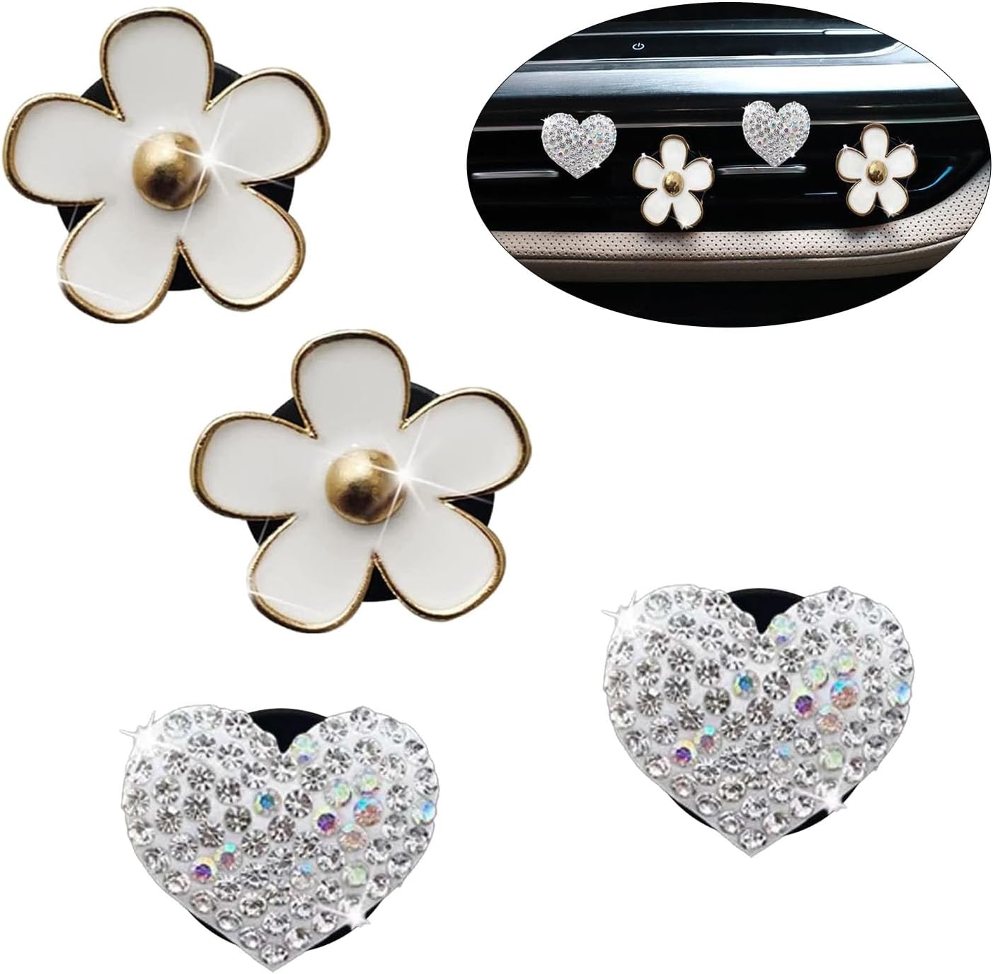 4PCS Car Air Vent Clips with Fragrance Pads, Cute Flower Car Air Fresheners Vents Clips Diamond Vent Clip Auto Interior Decor Charm Bling Auto Accessories Decoration for Women (White)