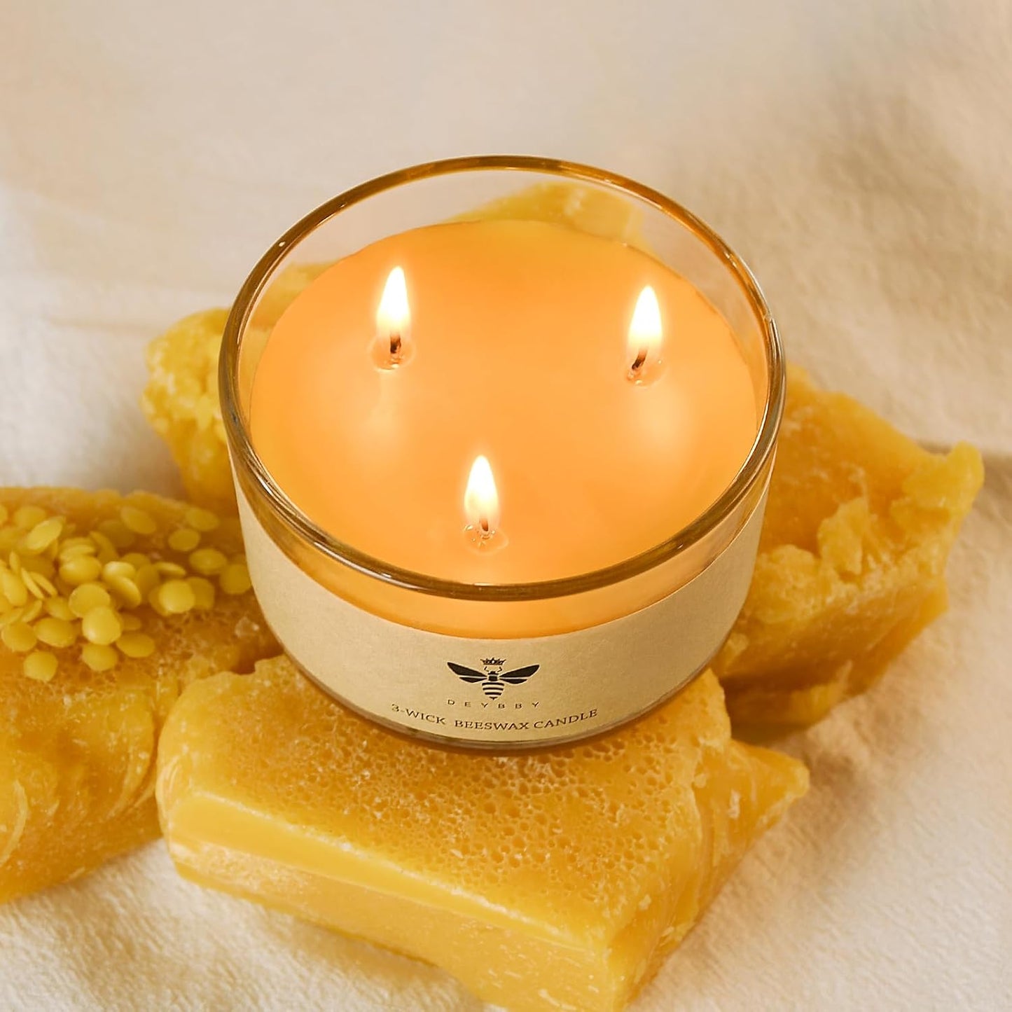 DEYBBY Beeswax Jar Candle - 3 Wick Beeswax Candle Gift - Handpour Candle with Natural Scent for Home Decor Bath Relaxation Houusewarming Gift
