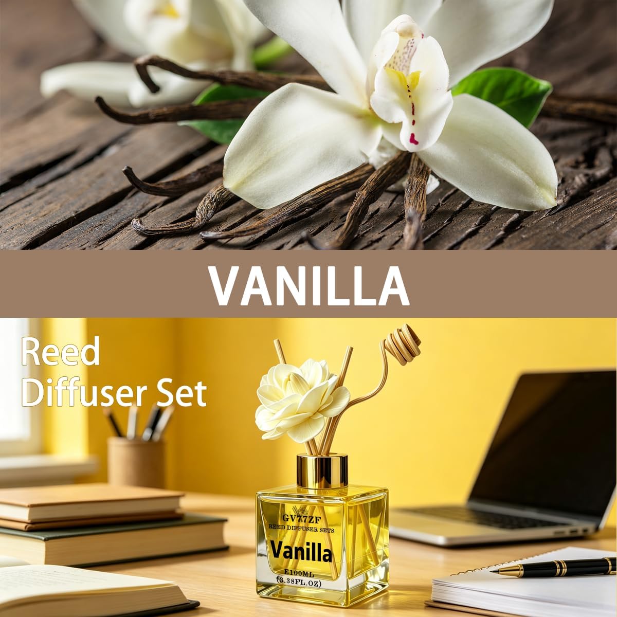 Vanilla Reed Diffuser – 3.38 oz Glass Bottle with Rattan Sticks & Dried Flowers, Warm Sweet Scent for Home, Adjustable Intensity Aroma Gift for Women, Housewarming, Mom