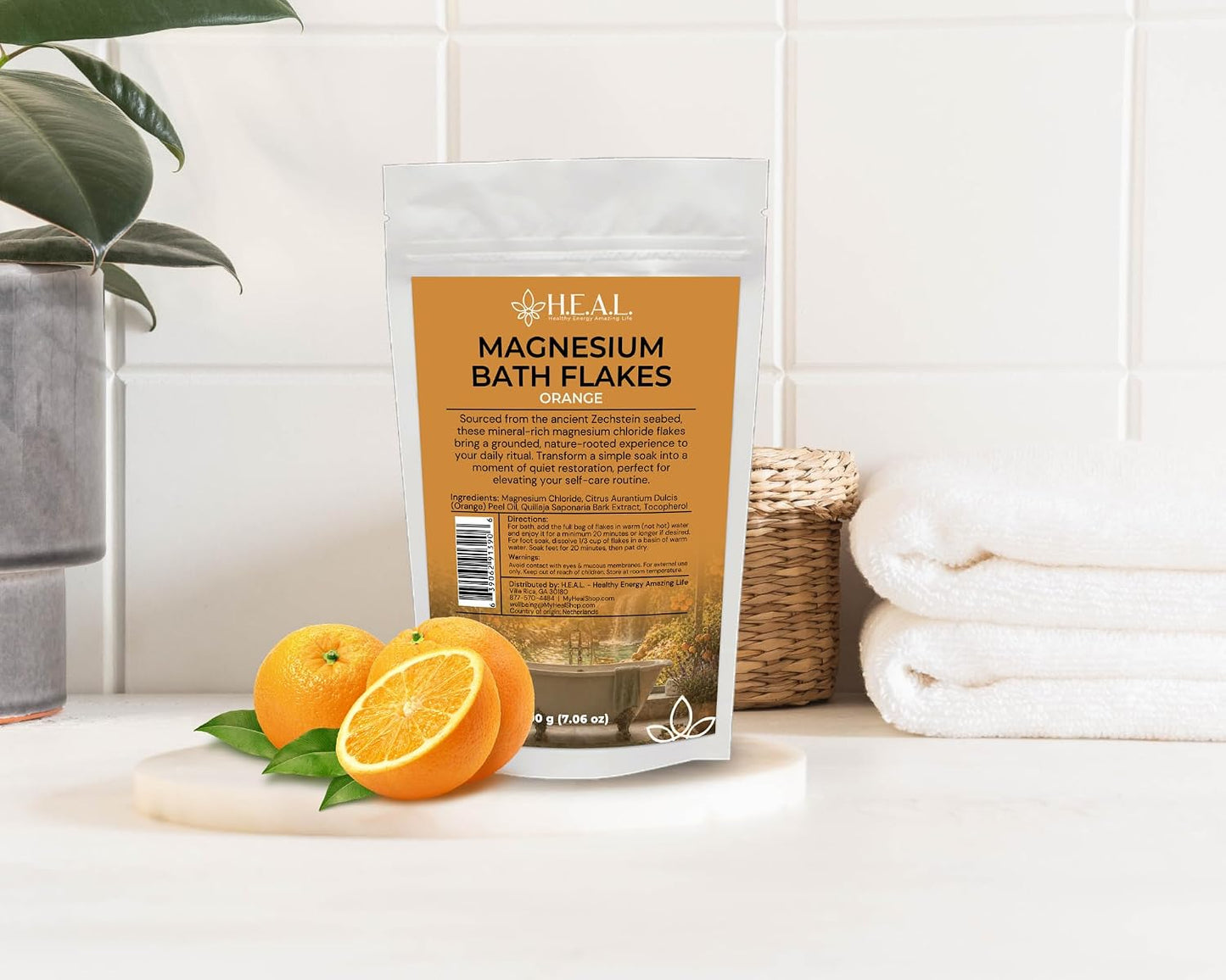 H.E.A.L. Magnesium Bath Flakes with Orange Essential Oil- 7oz for Joints, Muscles and Radiant Skin