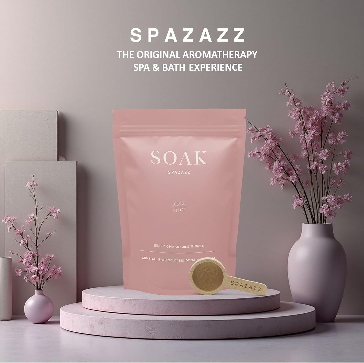 Spazazz Dead Sea Bath Salts with Magnesium & Arnica – Aromatherapy Mineral Bath Soak for Relaxation. Bathtub Soaking Salts – 33.3oz Silky Chamomile Ripple Salt Crystals with Bath Salt Scoop