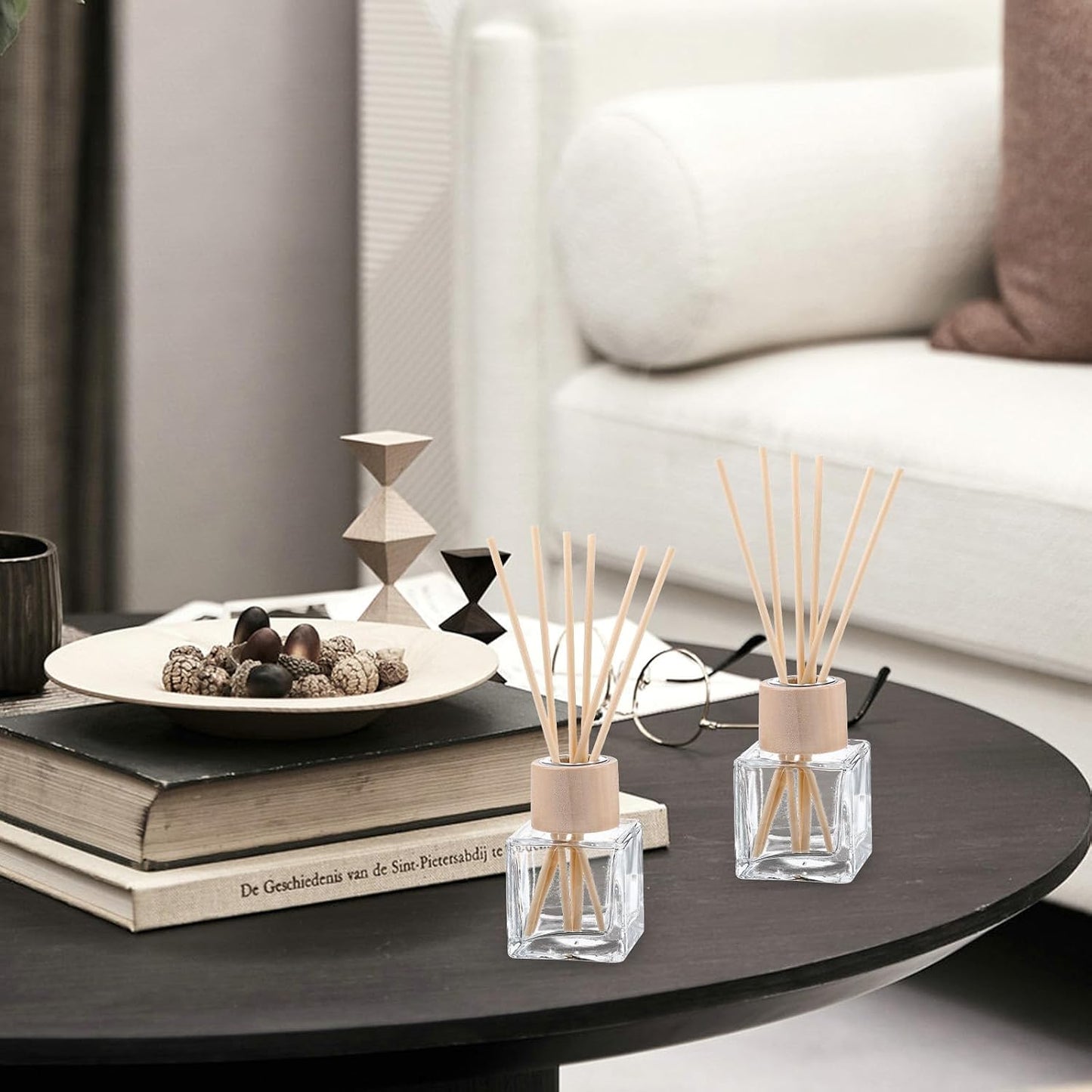 12 Set Reed Diffuser Bottle Empty Fragrance Glass Diffuser Bottles Refillable Diffuser Bottles Set with Wooden Caps Rattan Sticks 50ml 1.7 Oz Glass Jars for Home